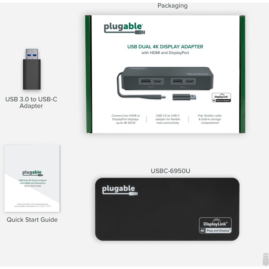 Plugable 4K DisplayPort and HDMI Dual Monitor Adapter for USB 3.0 and USB-C USBC-6950U