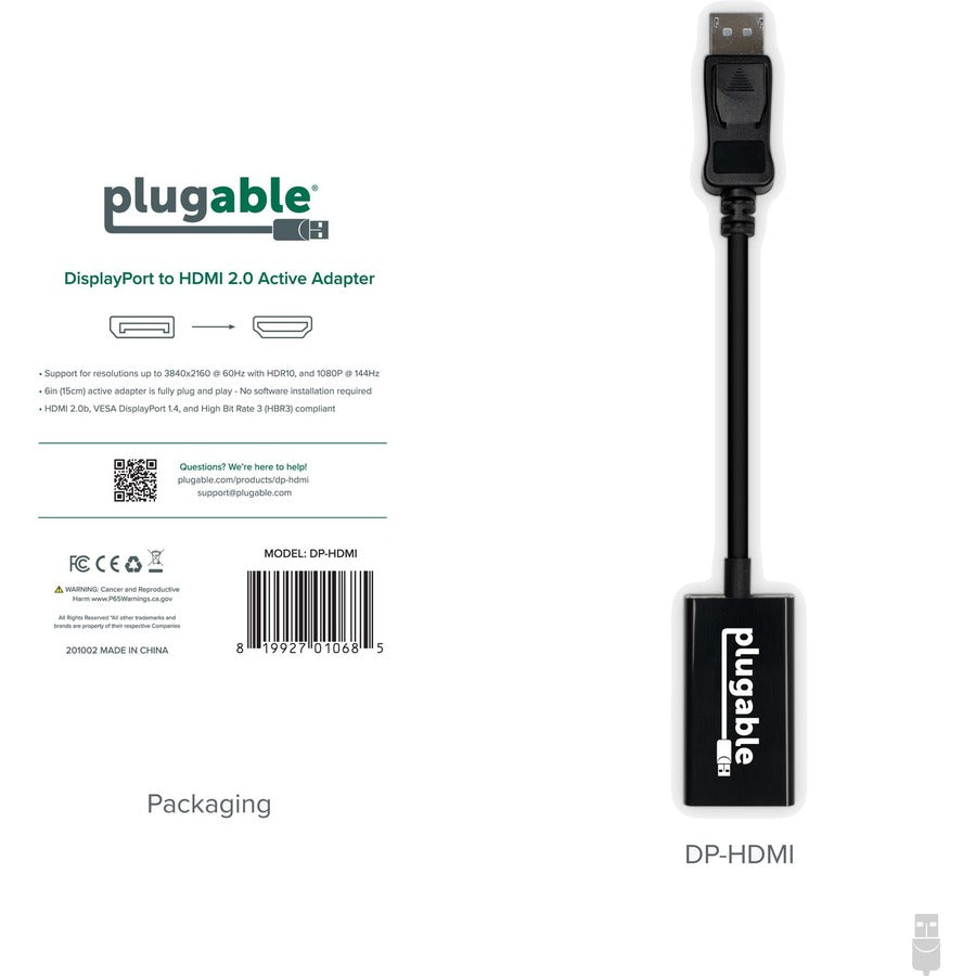 Plugable Active Displayport To Hdmi Adapter - Connect Any Displayport-Enabled Pc Or Tablet To An Hdmi Enabled Monitor, Tv Or Projector For Ultra-Hd Video Streaming (Hdmi 2.0 Up To 4K 3840X2160 @60Hz)