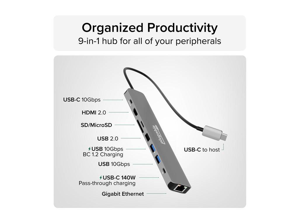 Plugable - Docking station - USB-C 3.2 Gen 2 - HDMI - 1GbE USBC-9IN1E