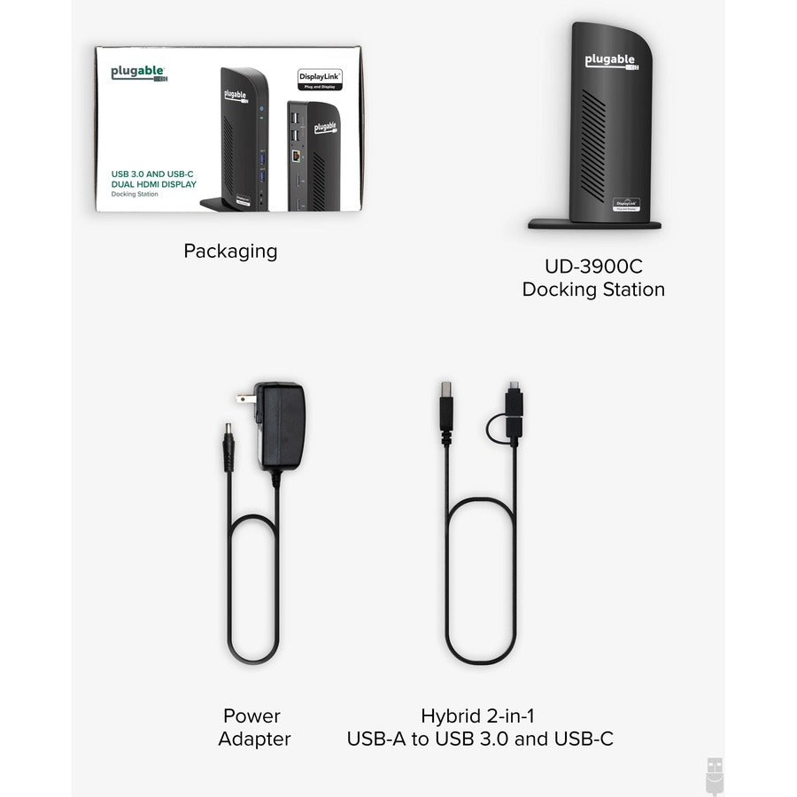 Plugable Laptop Docking Station Dual Monitor for USB-C or USB 3.0 UD-3900C