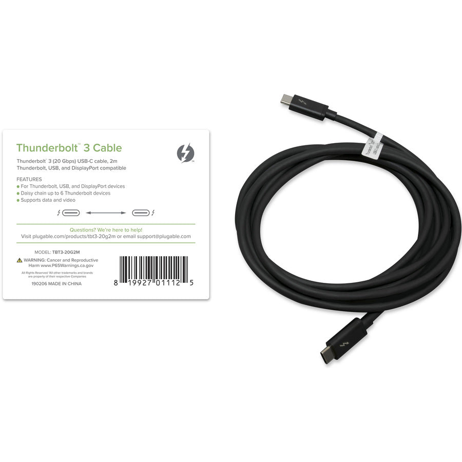 Plugable Thunderbolt 3 Cable 20Gbps Supports 100W (20V, 5A) Charging TBT3-20G2M