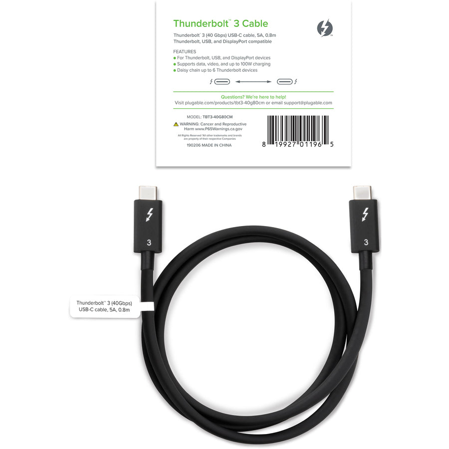 Plugable Thunderbolt 3 Cable 40Gbps Supports 100W (20V, 5A) Charging TBT3-40G80CM