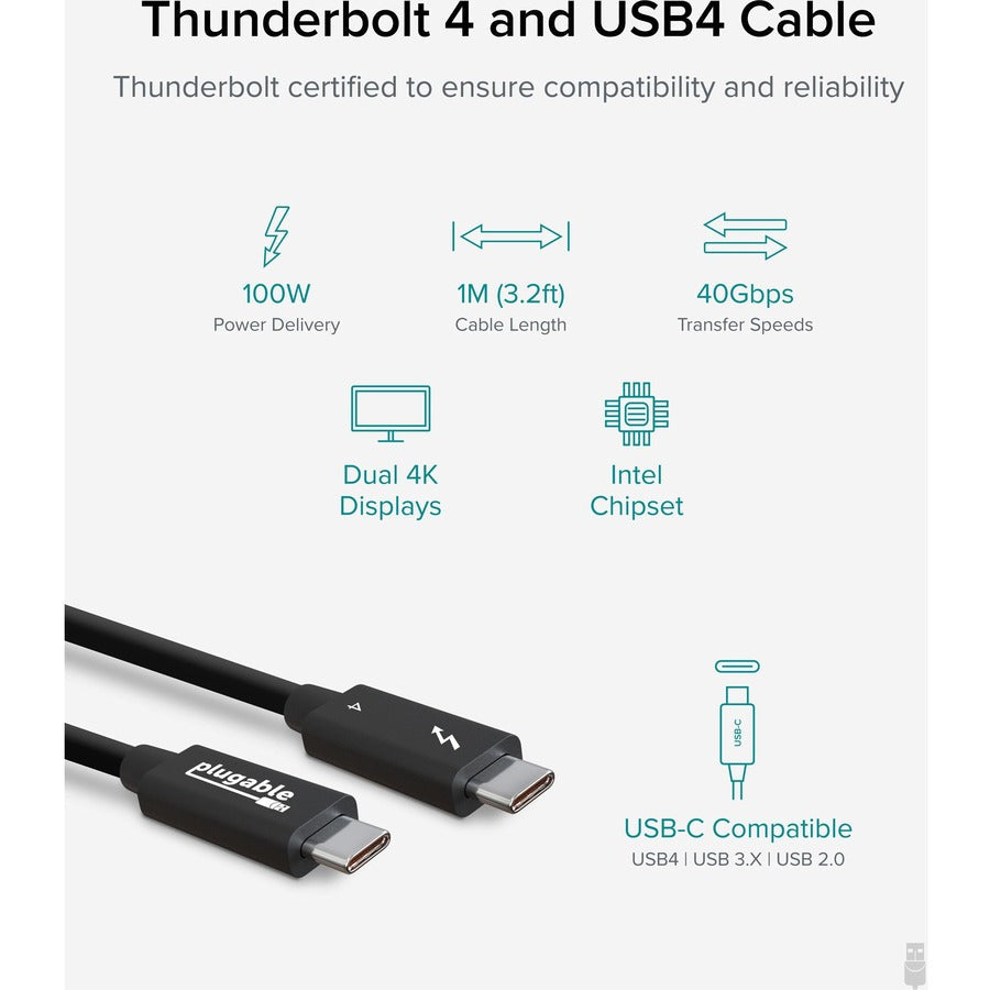 Plugable Thunderbolt 4 Cable [Thunderbolt Certified] TBT4-40G1M