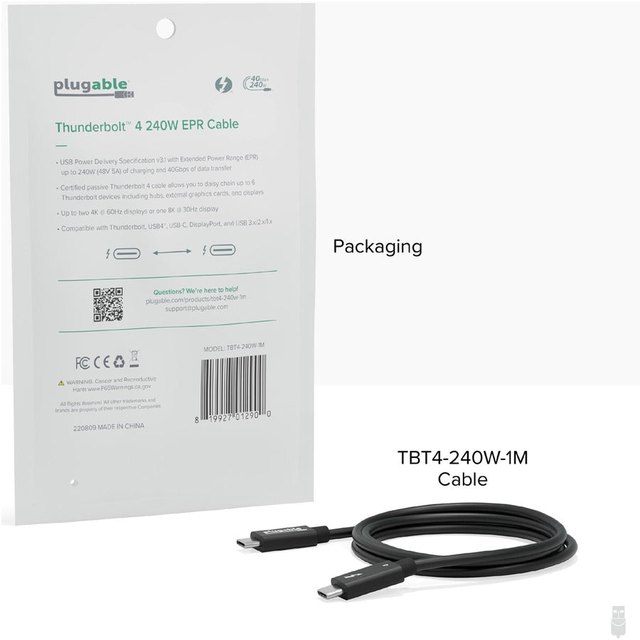 Plugable Thunderbolt 4 Cable with 240W Charging, Thunderbolt Certified, 3.3 Feet (1M),1x 8K Display, 40 Gbps TBT4-240W-1M