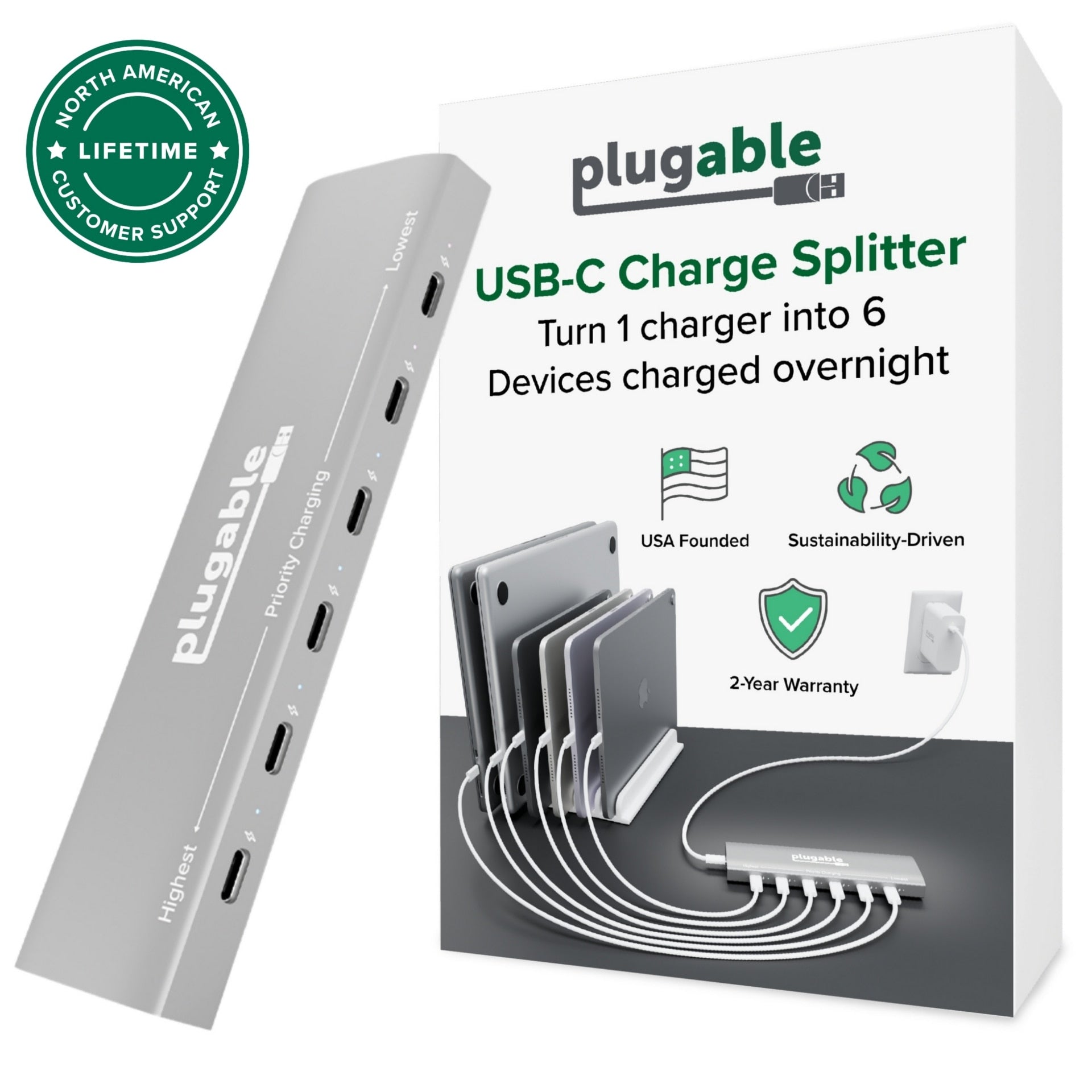 Plugable USB-C Power Delivery 6-Port Charger with Priority Charging