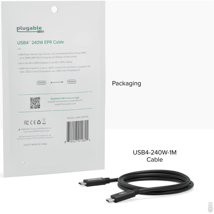 Plugable USB4 Cable with 240W Charging, 3.3 Feet (1M), USB-IF Certified USB4-240W-1M
