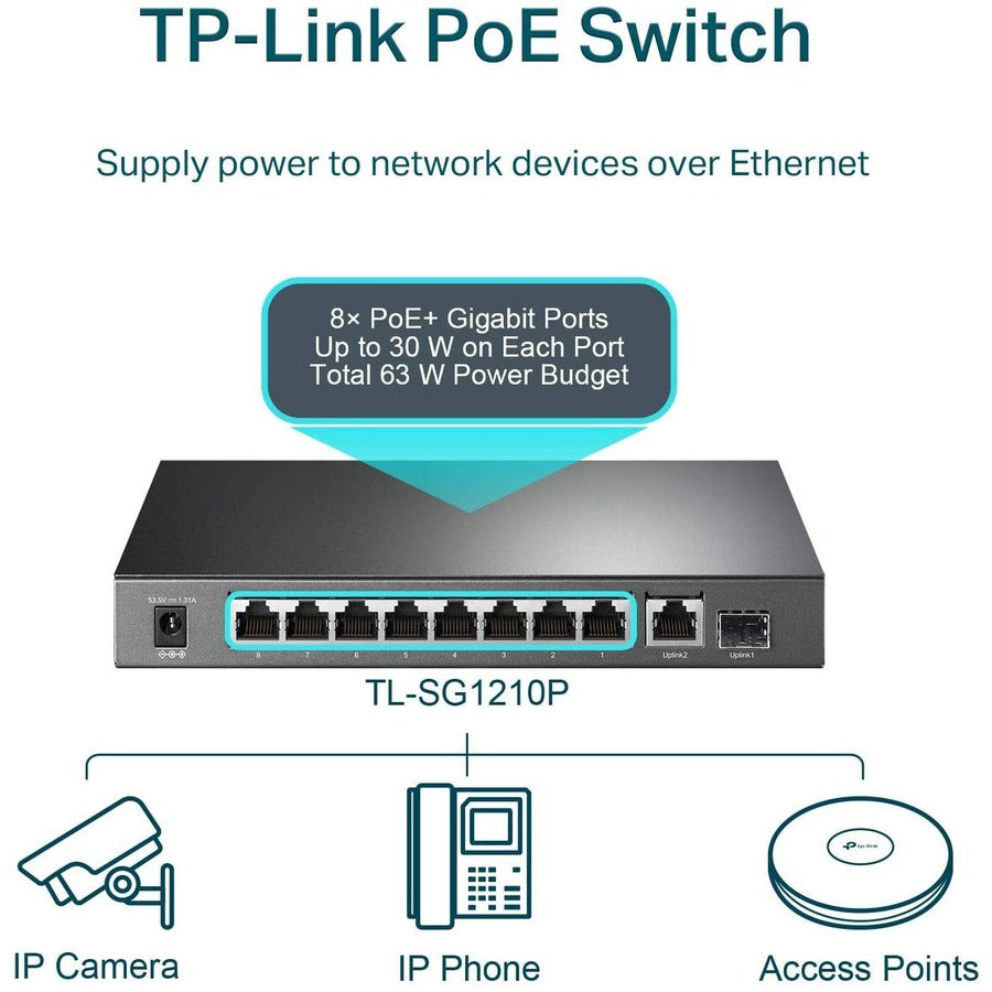 PoE+ Switch - 10 Port Gigabit Desktop Switch with Power over Ethernet | TeCiSoft TL-SG1210P