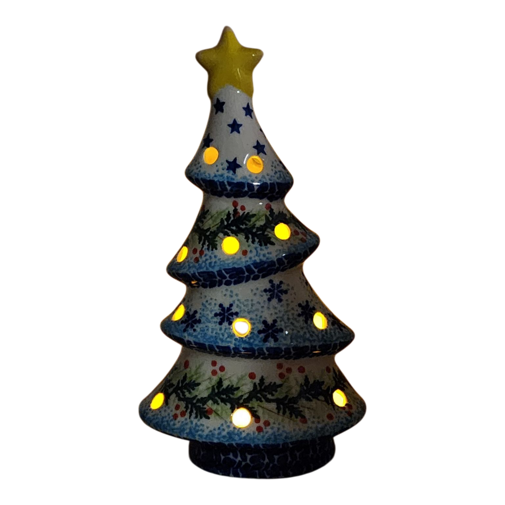 Polish Pottery Christmas Tree Luminary - Winter Wonderland Pattern