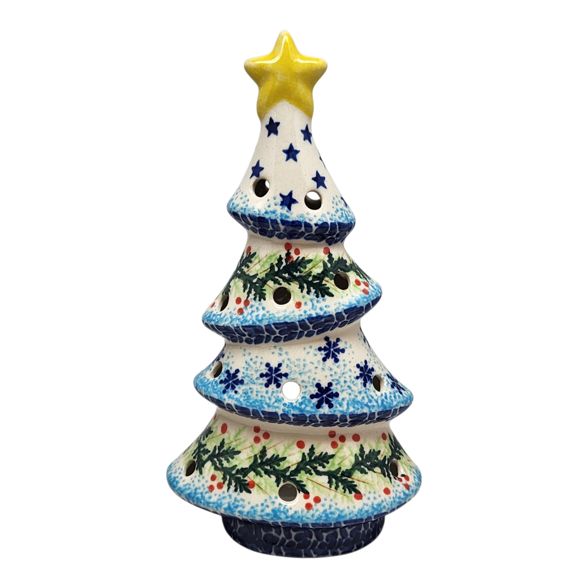 Polish Pottery Christmas Tree Luminary - Winter Wonderland Pattern