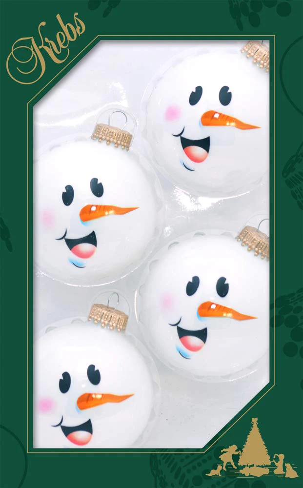 Porcelain White 2 5/8" (67mm) Glass Ball with Snowman Face - 4 Piece Set