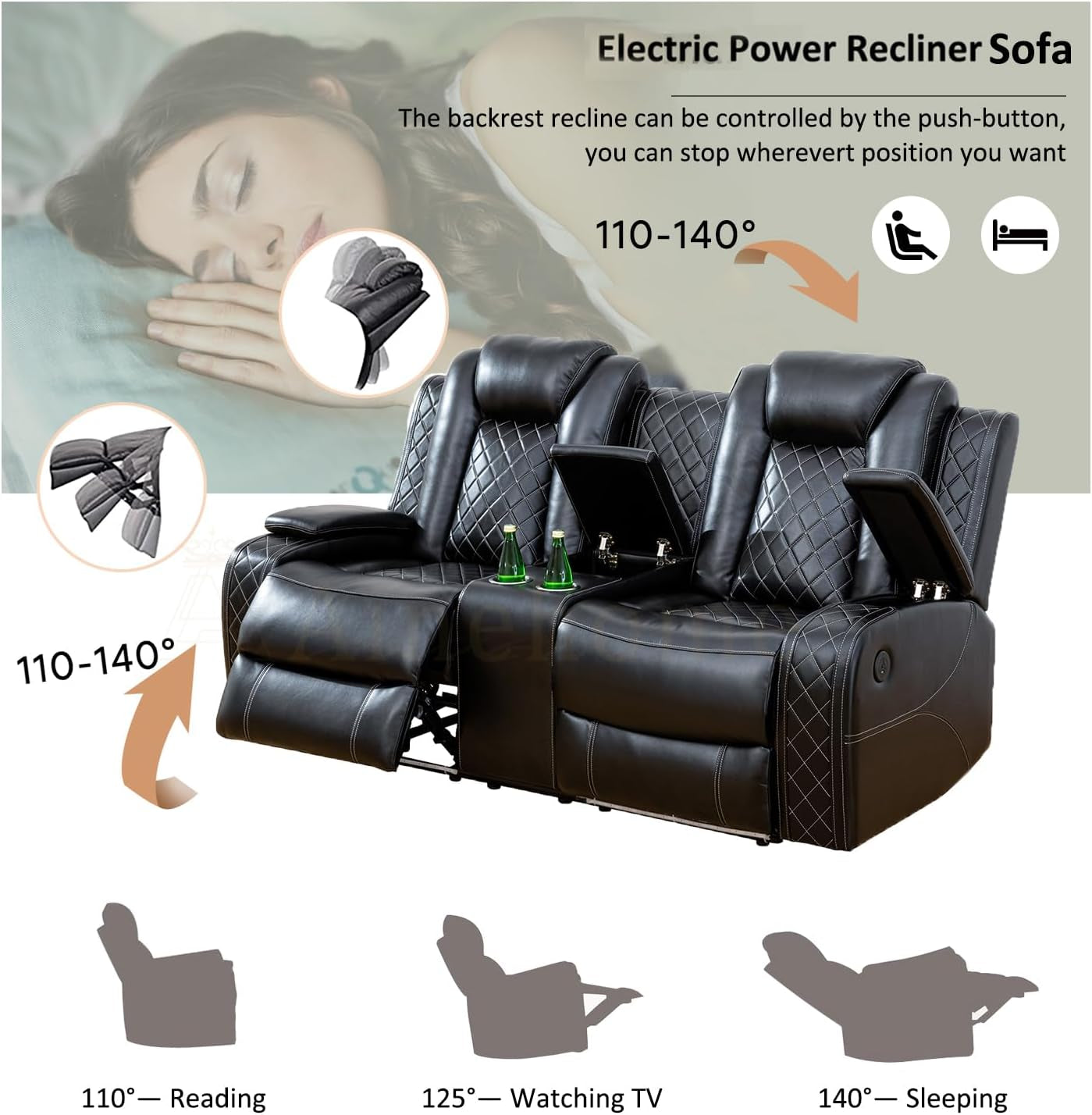 Power Leather Recliner Sofa Set With Led Lights Usb Ports