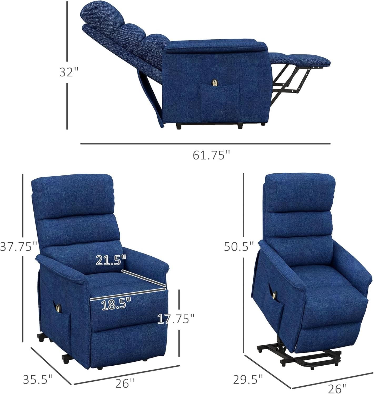 Power Lift Recliner Chair In Dark Blue Fabric Easy Assembly