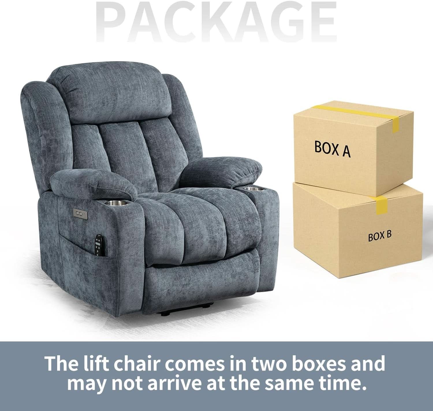 Power Lift Recliner Chair With Full Body Massage And Heat In Elegant Blue Chenille Fabric