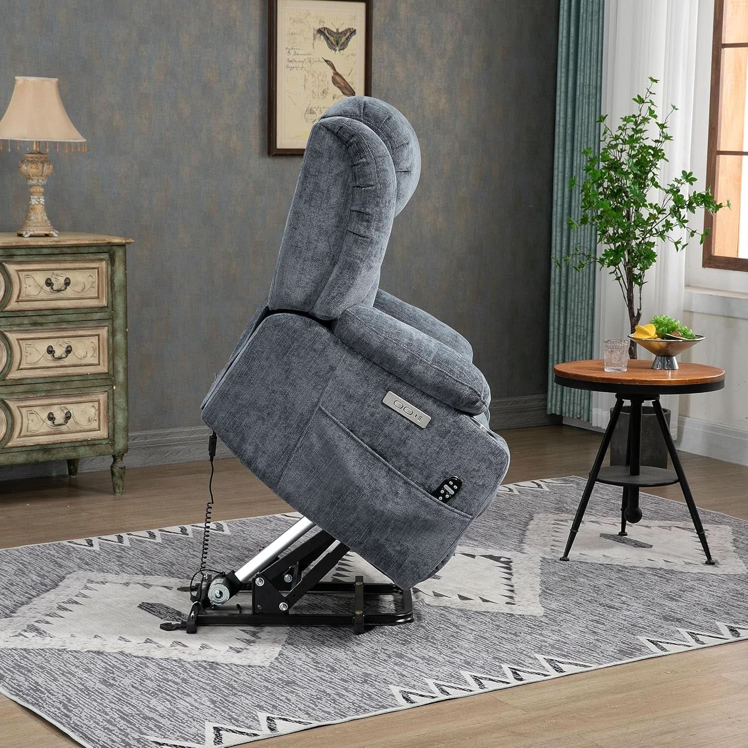 Power Lift Recliner Chair With Full Body Massage And Heat In Elegant Blue Chenille Fabric