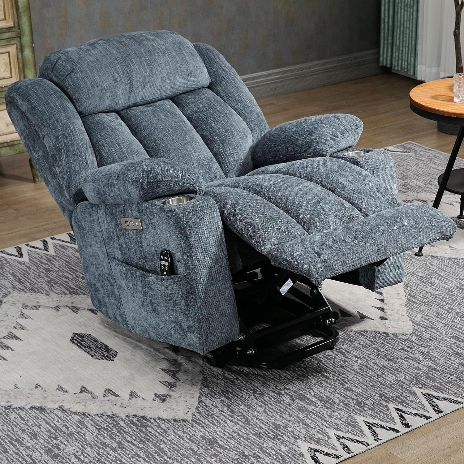 Power Lift Recliner Chair With Full Body Massage And Heat In Elegant Blue Chenille Fabric