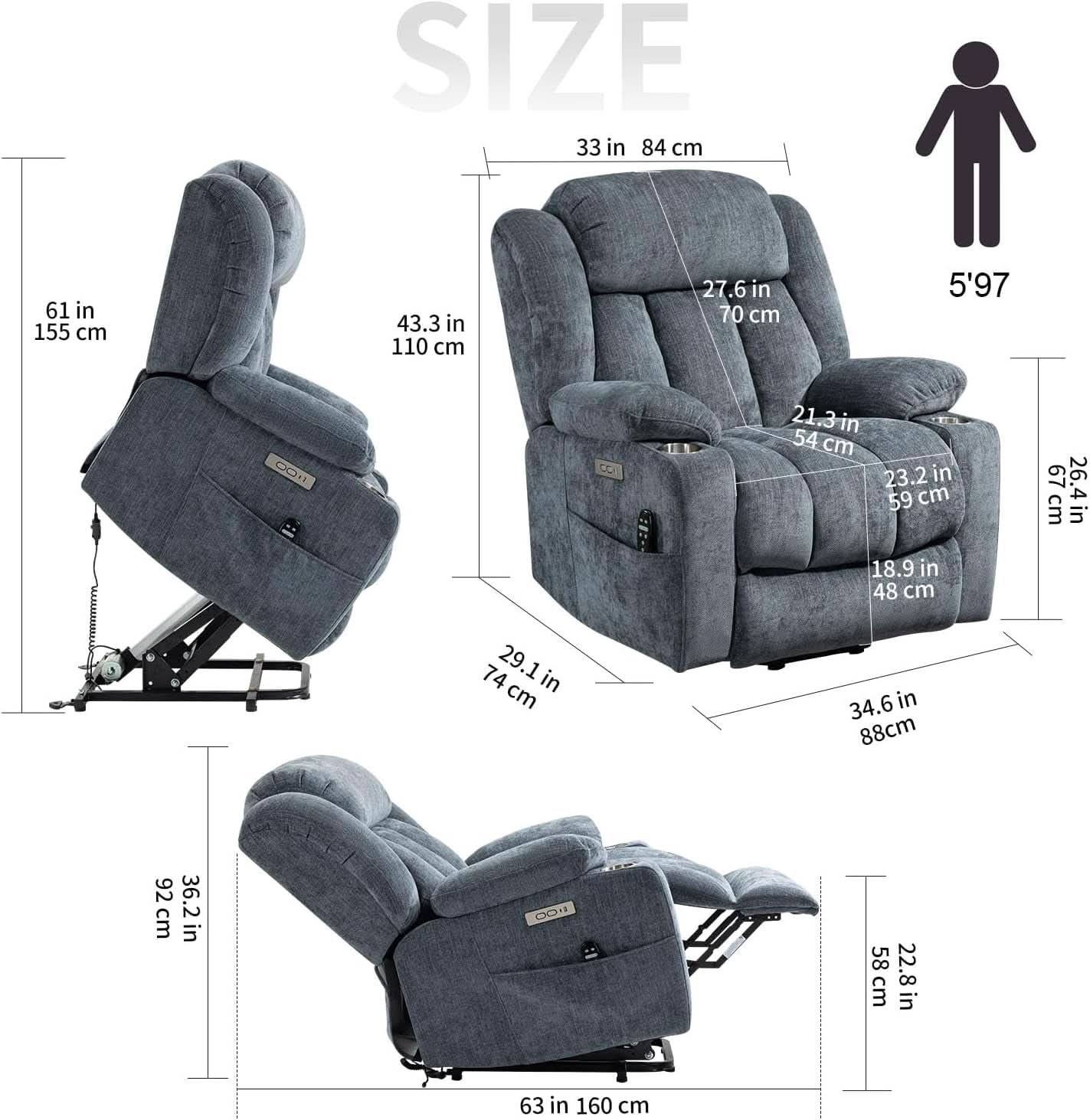 Power Lift Recliner Chair With Full Body Massage And Heat In Elegant Blue Chenille Fabric