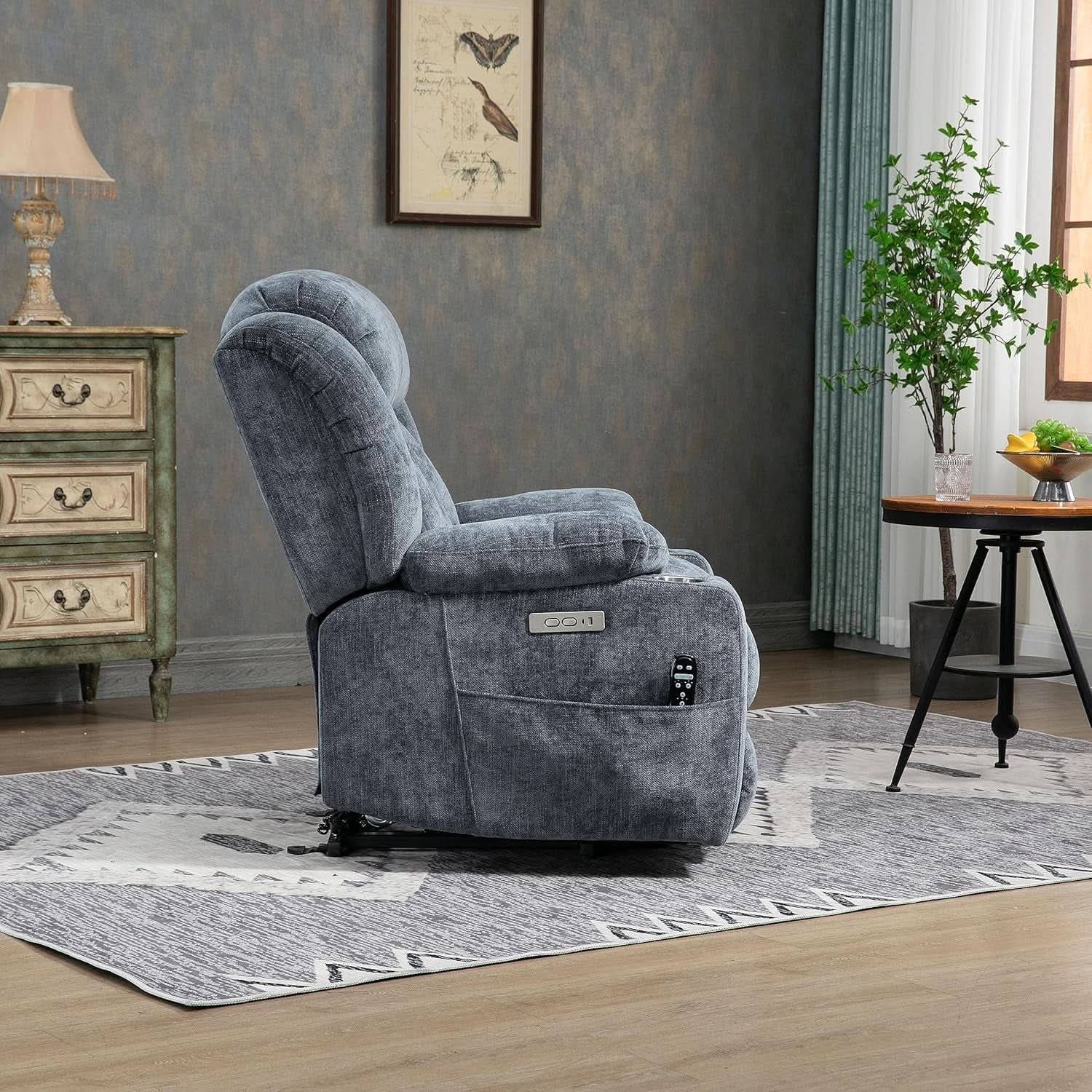 Power Lift Recliner Chair With Full Body Massage And Heat In Elegant Blue Chenille Fabric
