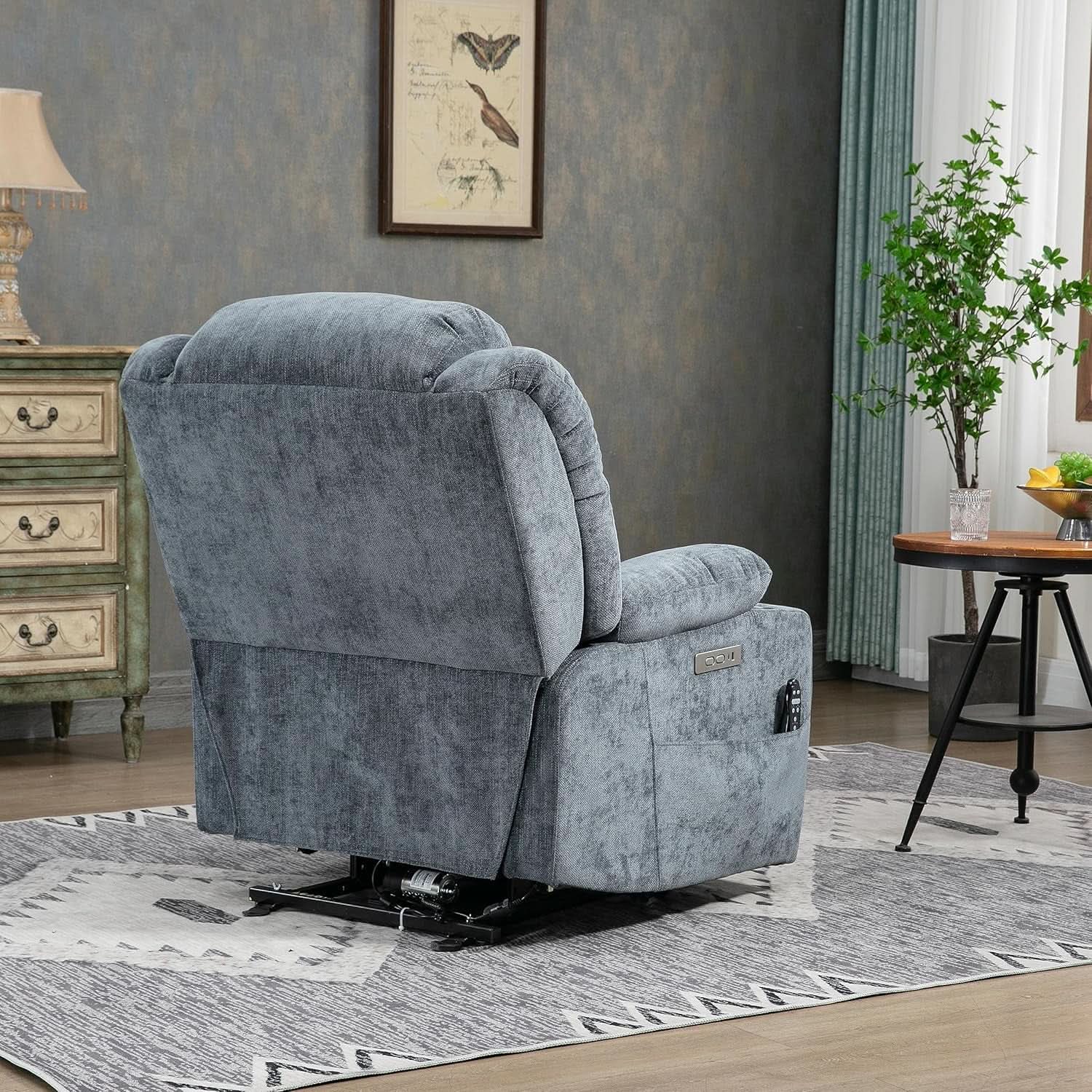 Power Lift Recliner Chair With Full Body Massage And Heat In Elegant Blue Chenille Fabric