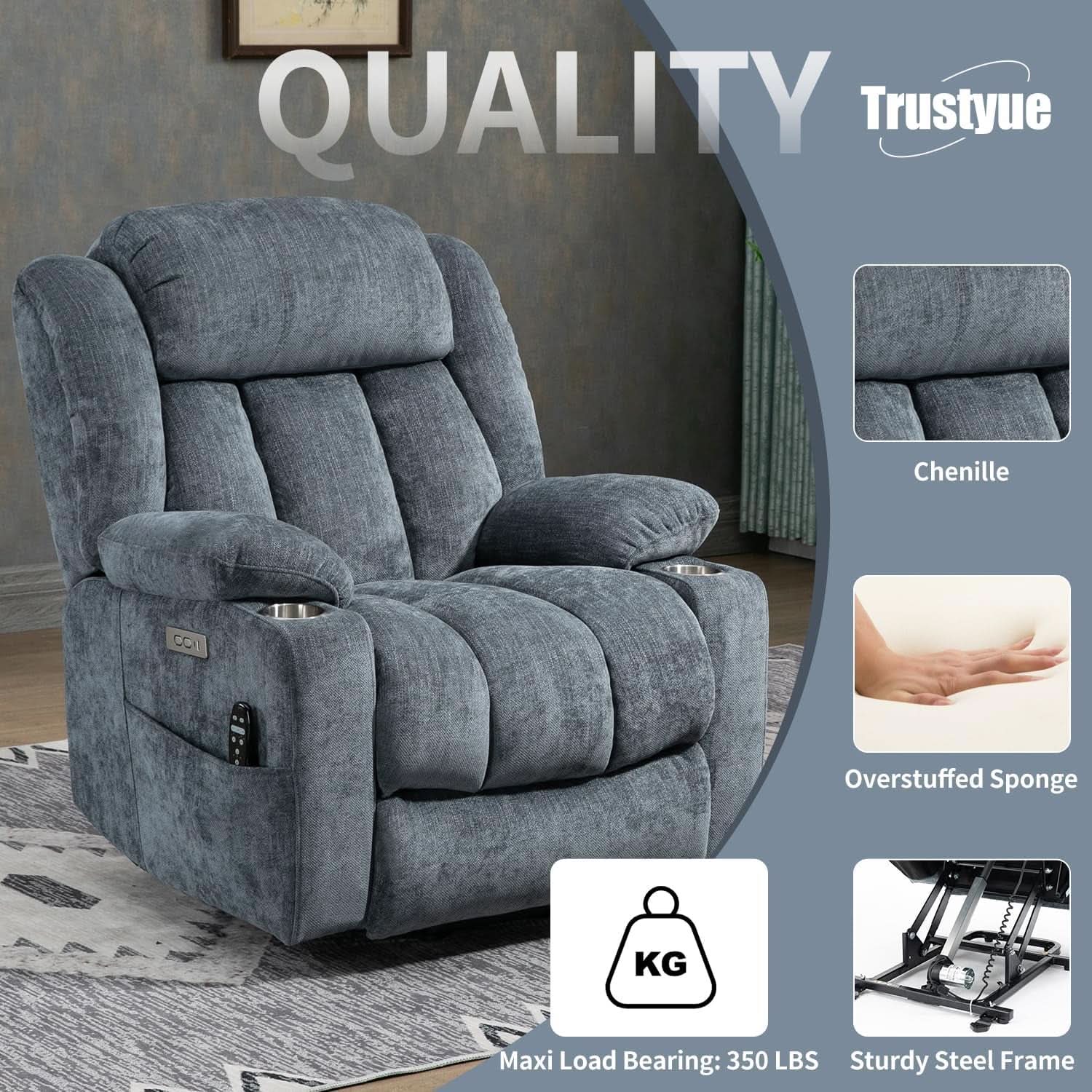 Power Lift Recliner Chair With Full Body Massage And Heat In Elegant Blue Chenille Fabric