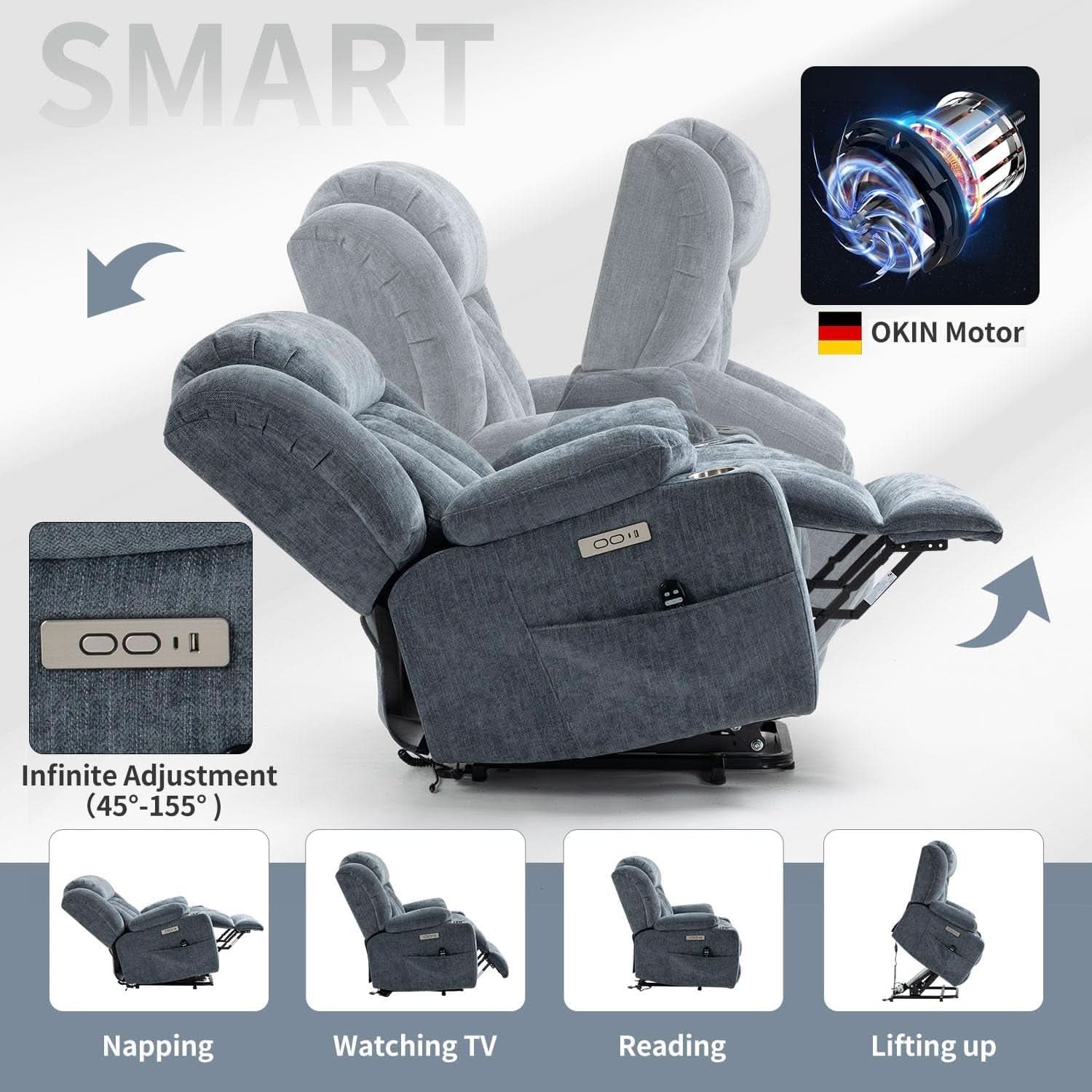 Power Lift Recliner Chair With Full Body Massage And Heat In Elegant Blue Chenille Fabric