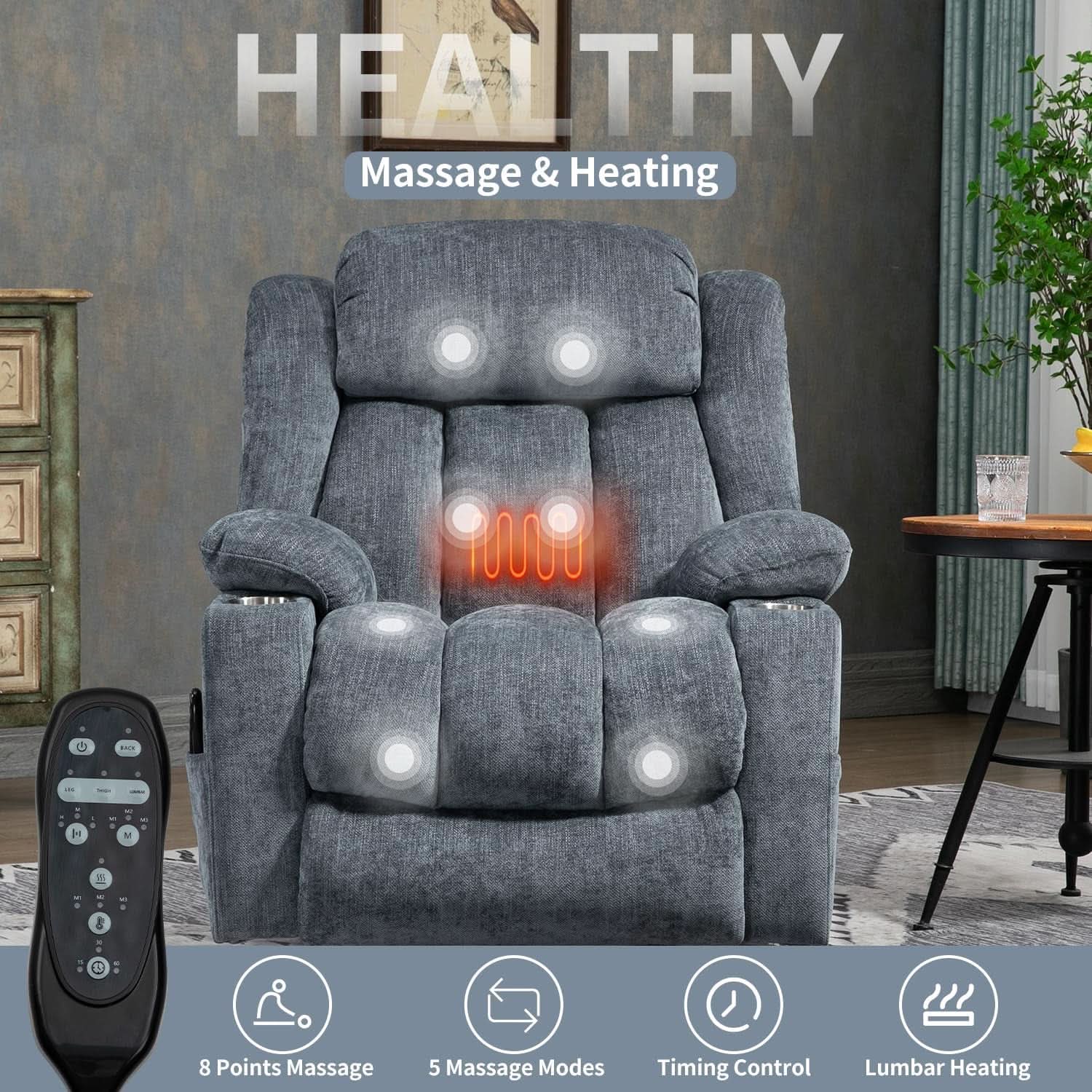 Power Lift Recliner Chair With Full Body Massage And Heat In Elegant Blue Chenille Fabric