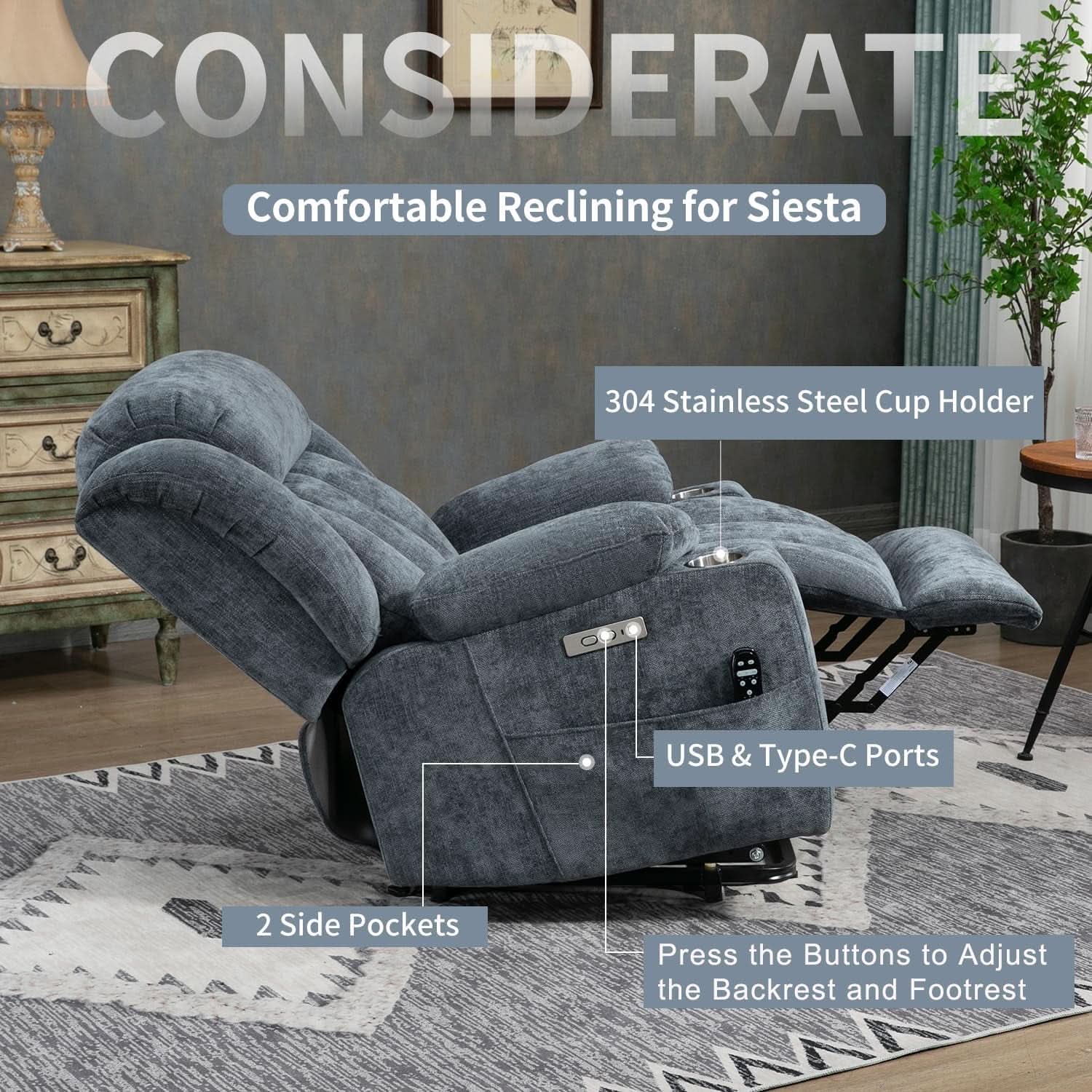 Power Lift Recliner Chair With Full Body Massage And Heat In Elegant Blue Chenille Fabric