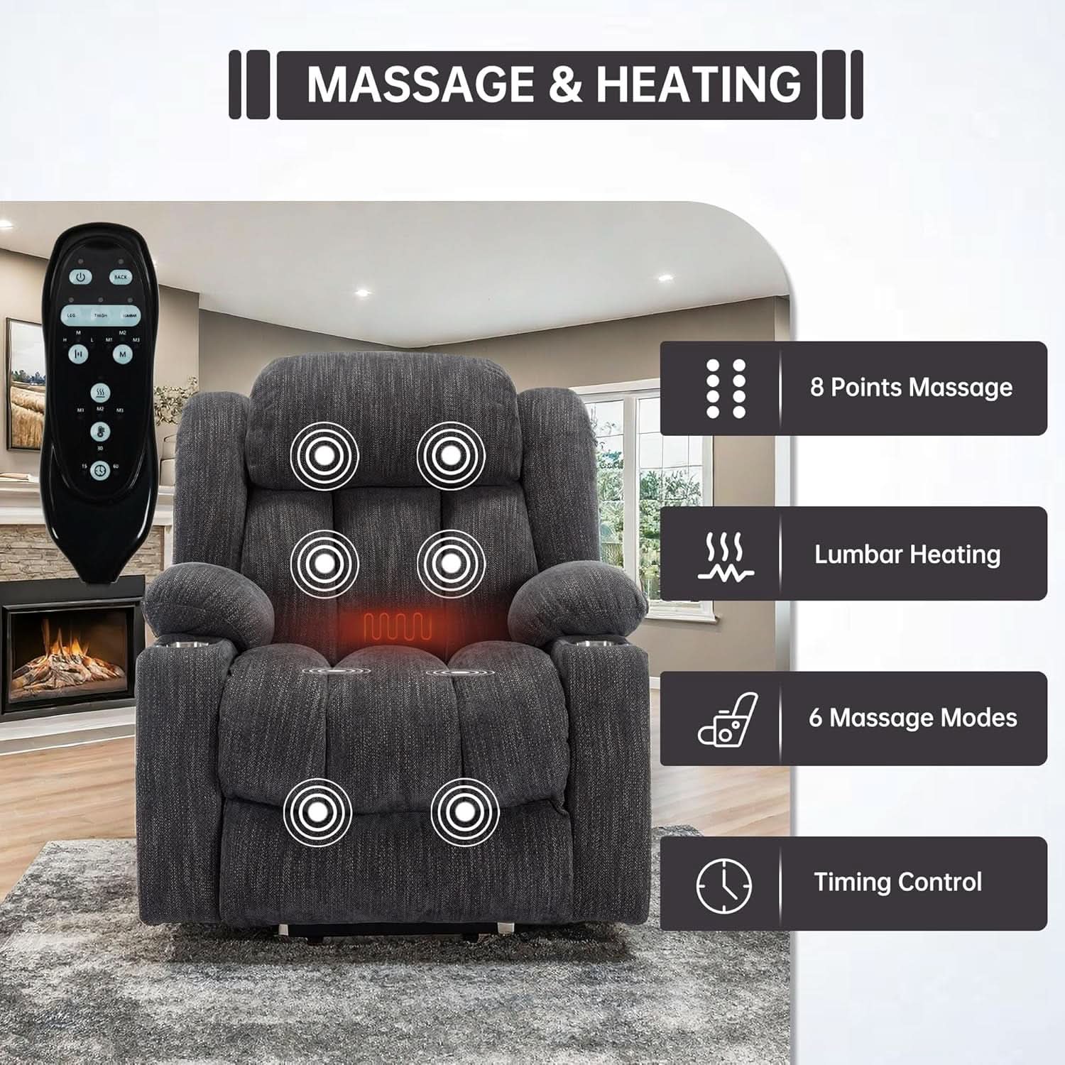 Power Lift Recliner Chair With Full Body Massage And Heat Remote Control In Chenille Grey