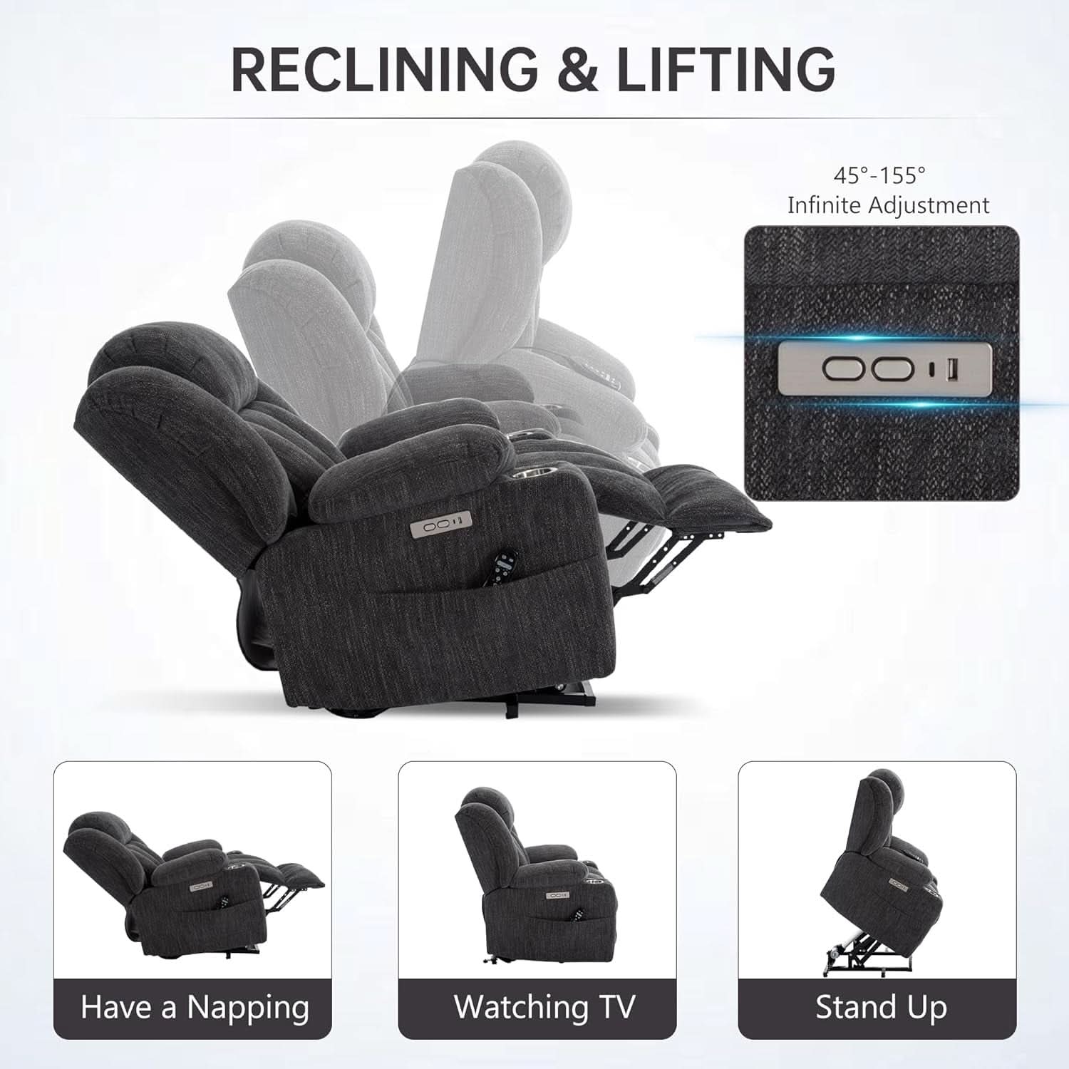 Power Lift Recliner Chair With Full Body Massage And Heat Remote Control In Chenille Grey