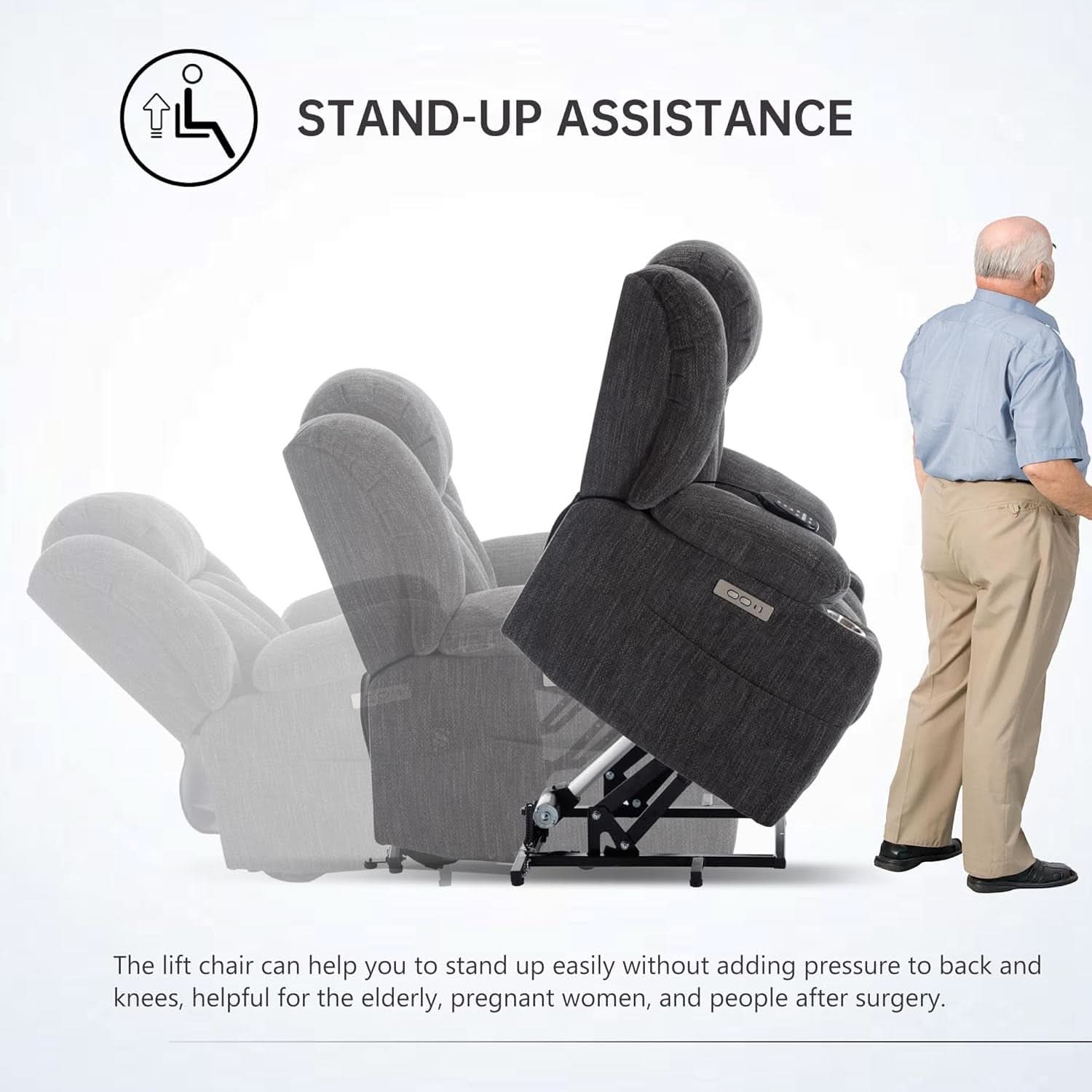 Power Lift Recliner Chair With Full Body Massage And Heat Remote Control In Chenille Grey
