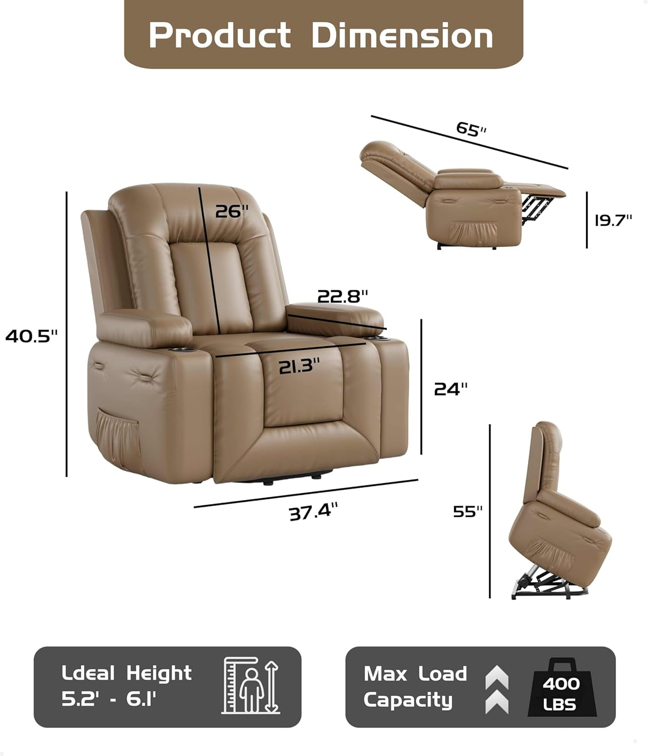 Power Lift Recliner Chair With Heat And Massage In PU Leather