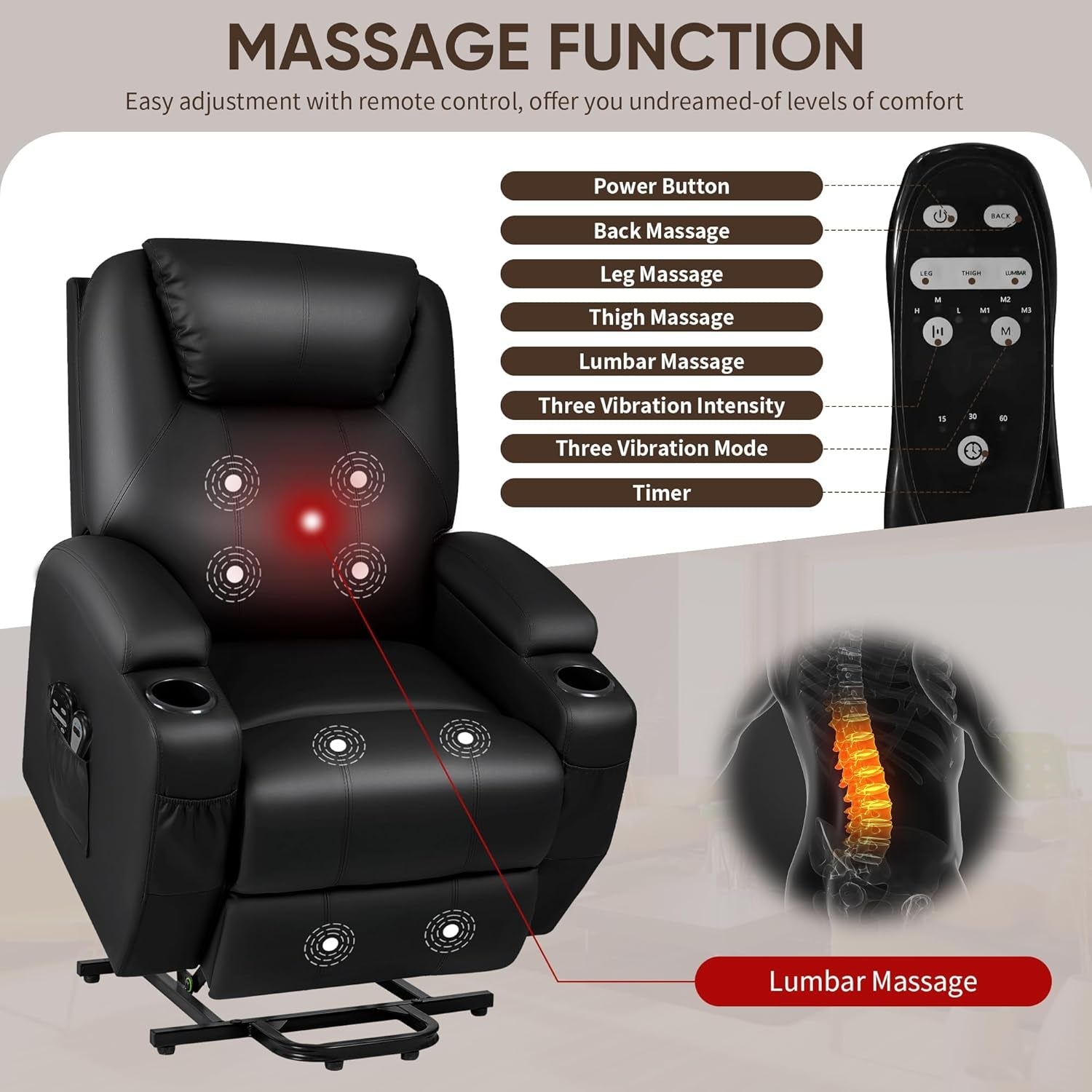 Power Lift Recliner Chair With Massage Black Classic