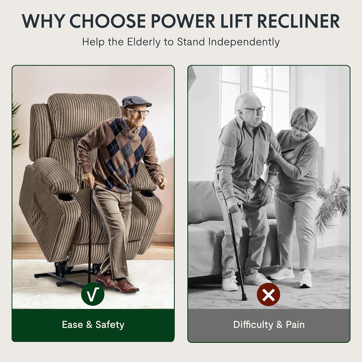 Power Lift Recliner Chair With Massage Khaki Fabric