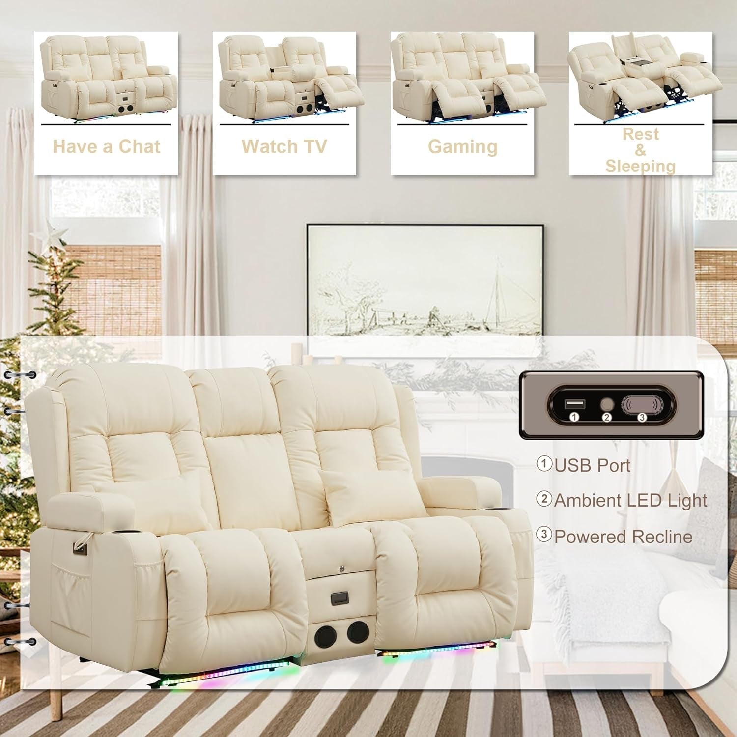 Power Loveseat Recliner Massage And Heat Cream White