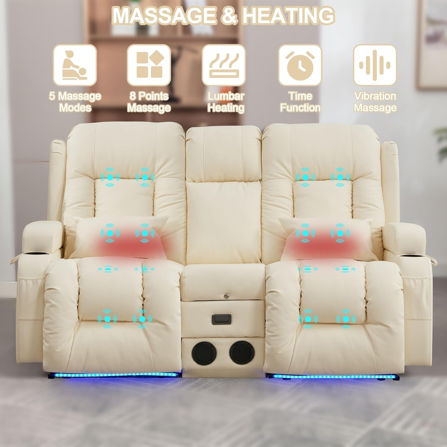 Power Loveseat Recliner Massage And Heat Cream White