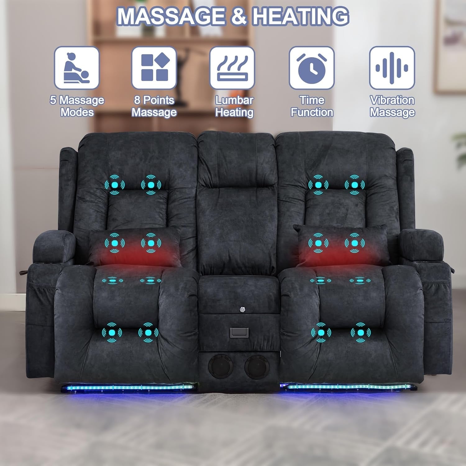 Power Loveseat Recliner Sofa Grey Massage For Home Theater