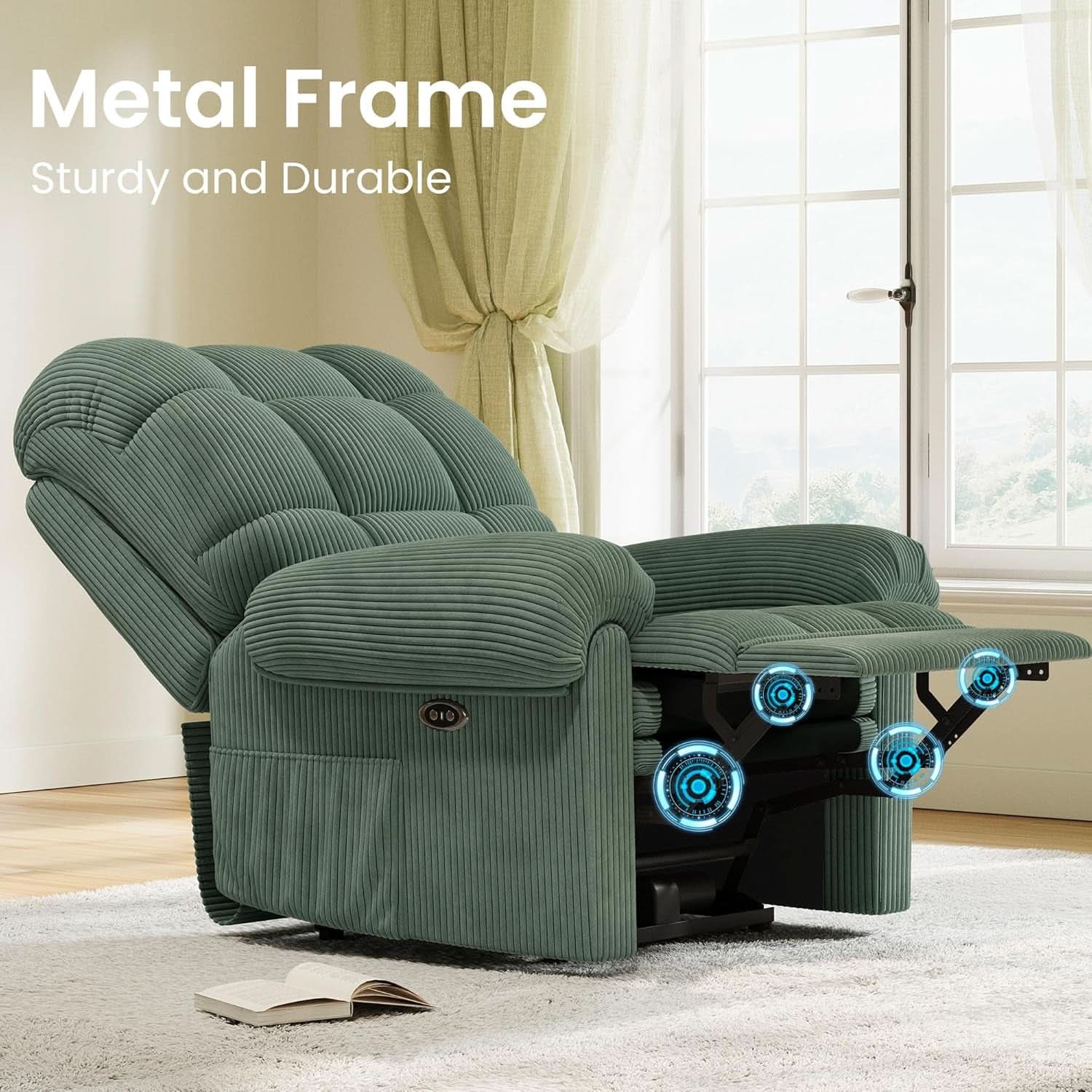 Power Recliner Chair With USB Port Green Corduroy Recliner