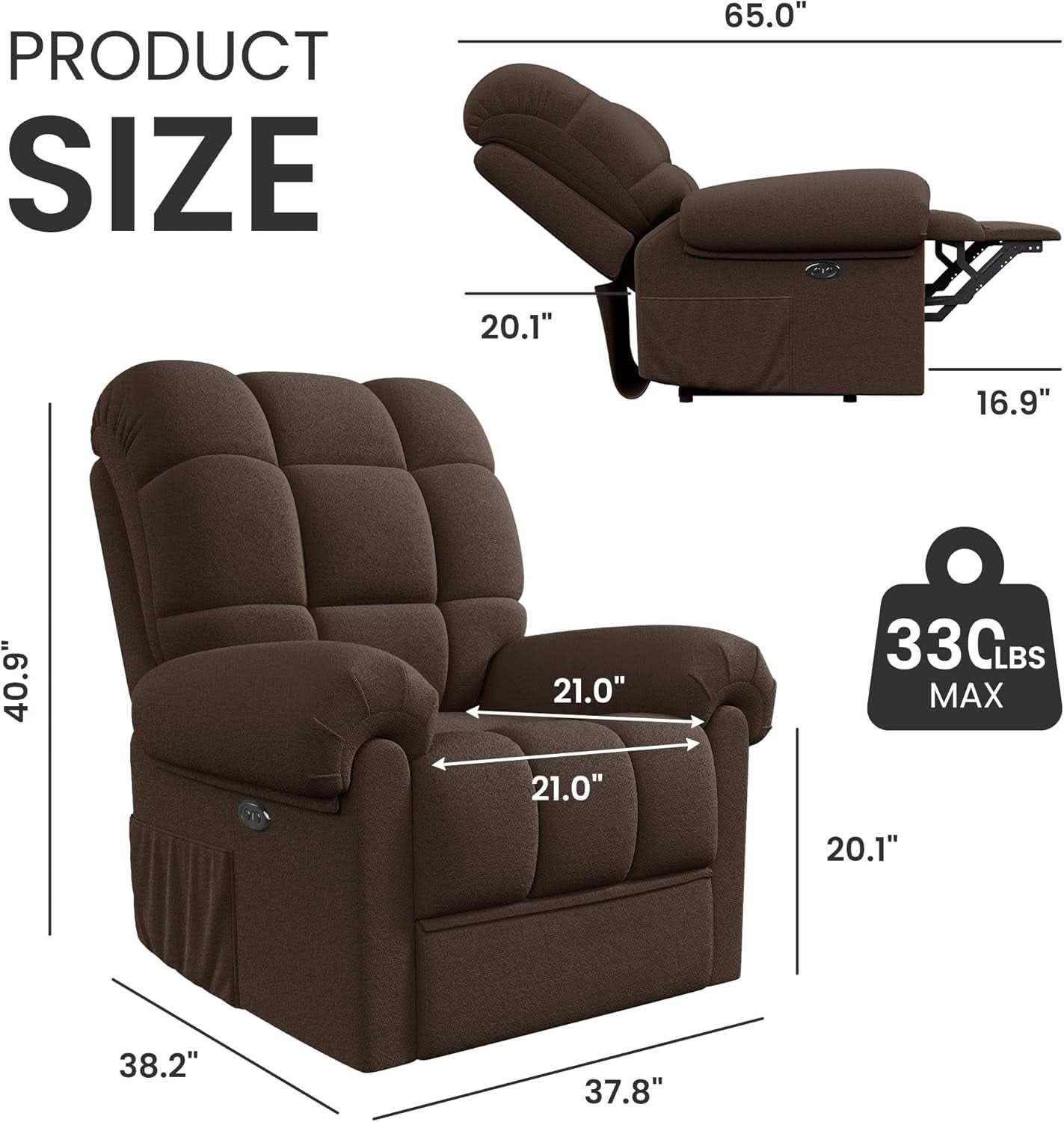 Power Recliner Chair for Adults in Coffee Color With USB Port and Toolless Assembly