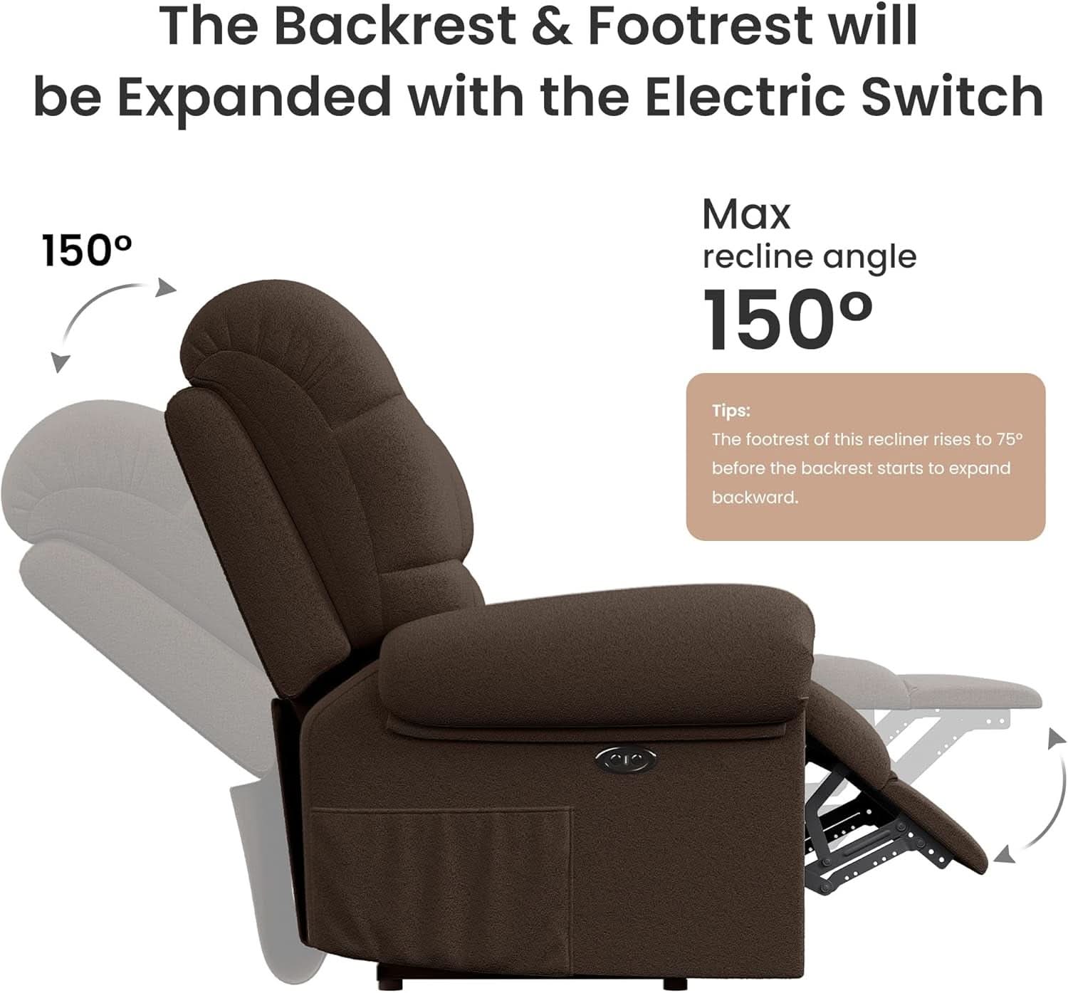 Power Recliner Chair for Adults in Coffee Color With USB Port and Toolless Assembly