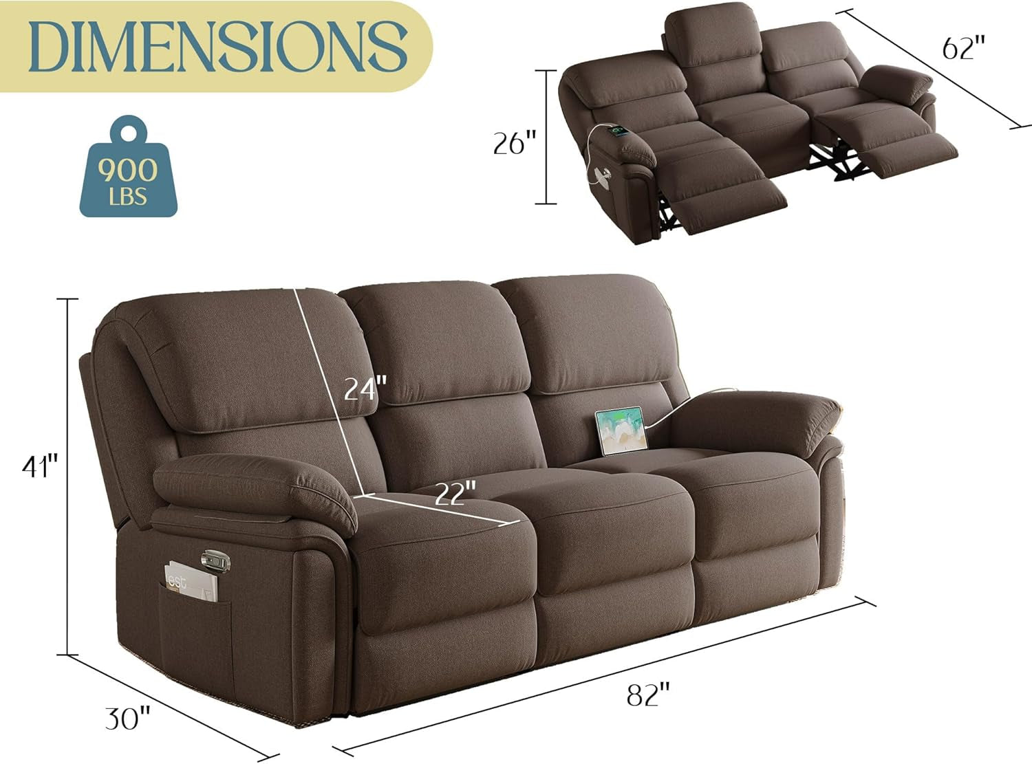 Power Recliner Sofa Brown Chenille With Type C Charging Ports
