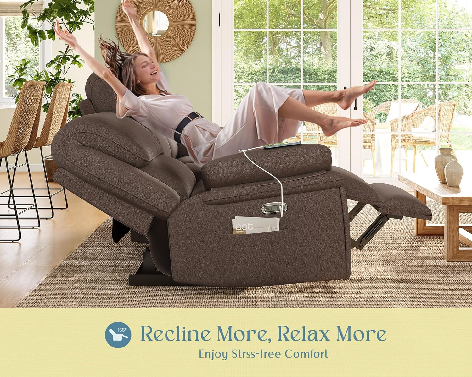 Power Recliner Sofa Brown Chenille With Type C Charging Ports