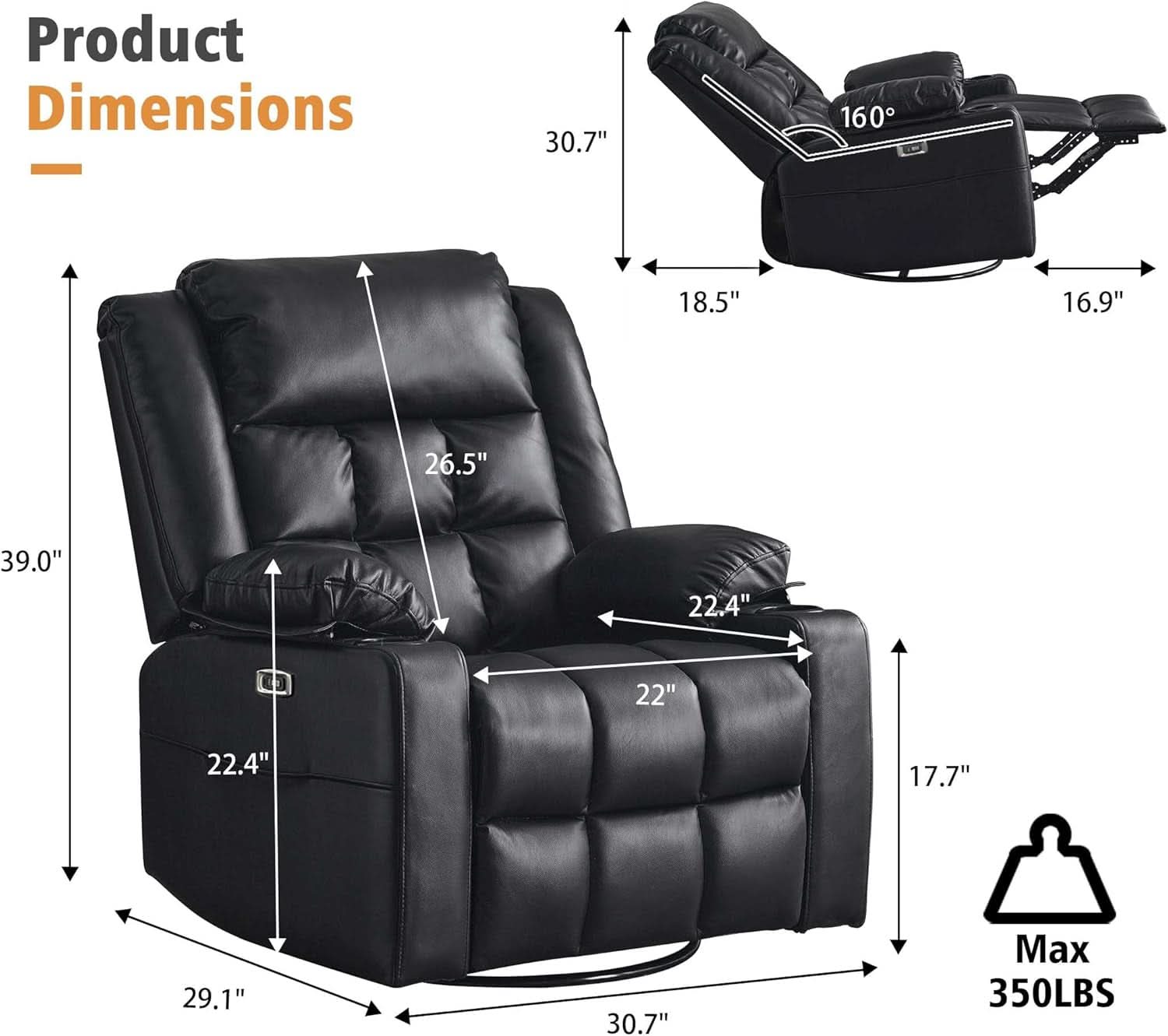 Power Swivel Rocker Recliner Chair With Massage And USB Ports Black