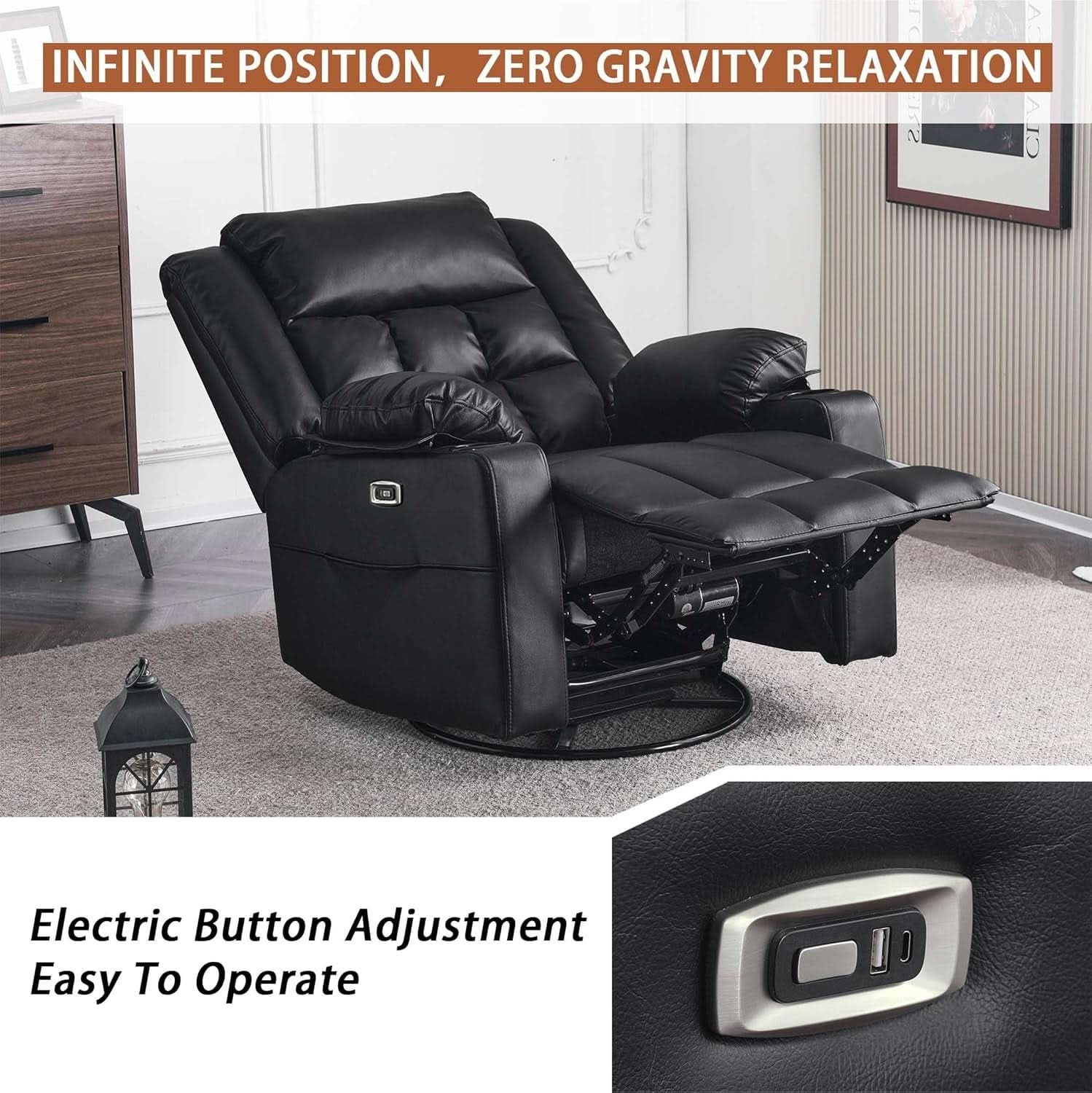 Power Swivel Rocker Recliner Chair With Massage And USB Ports Black