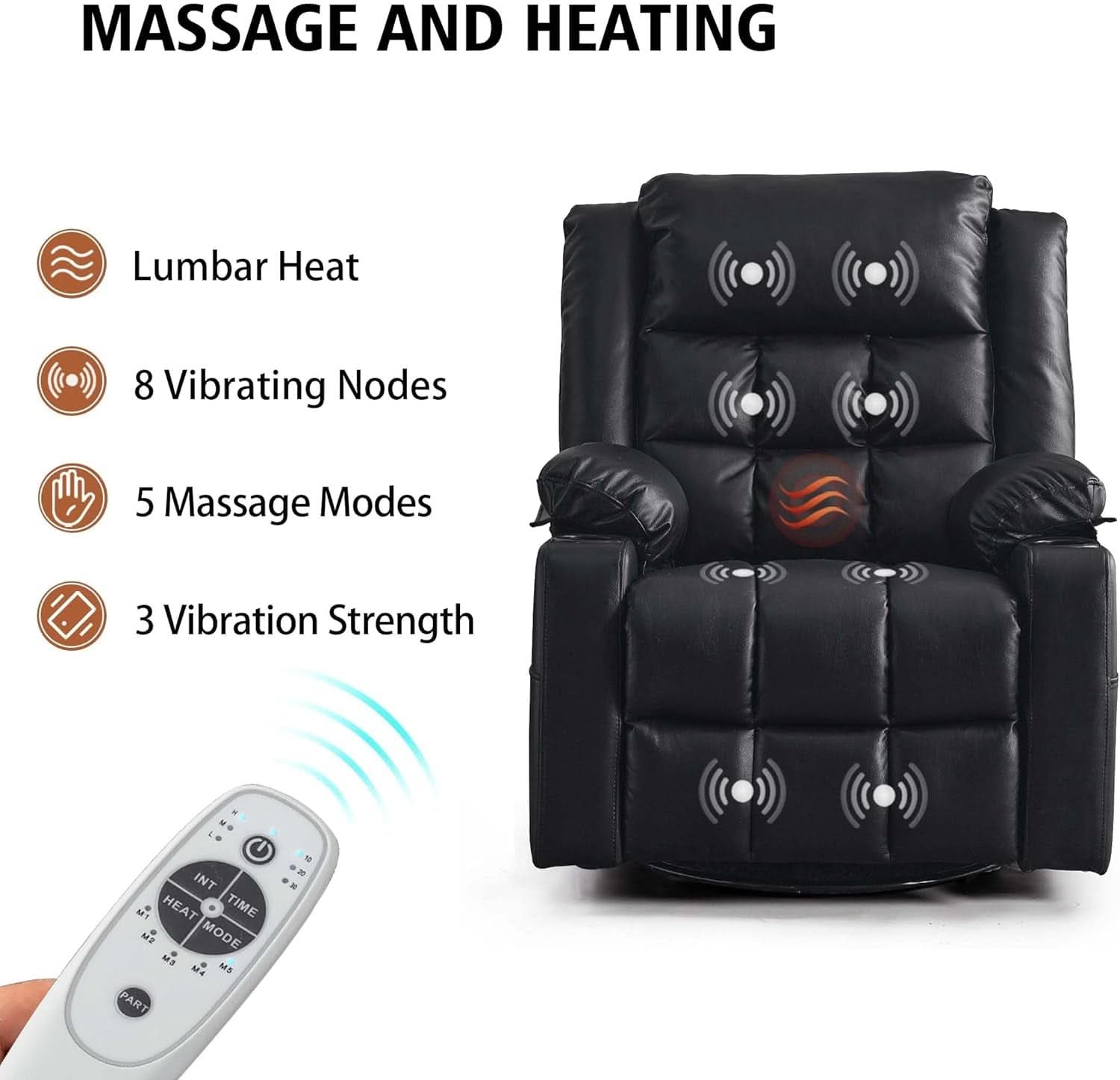 Power Swivel Rocker Recliner Chair With Massage And USB Ports Black