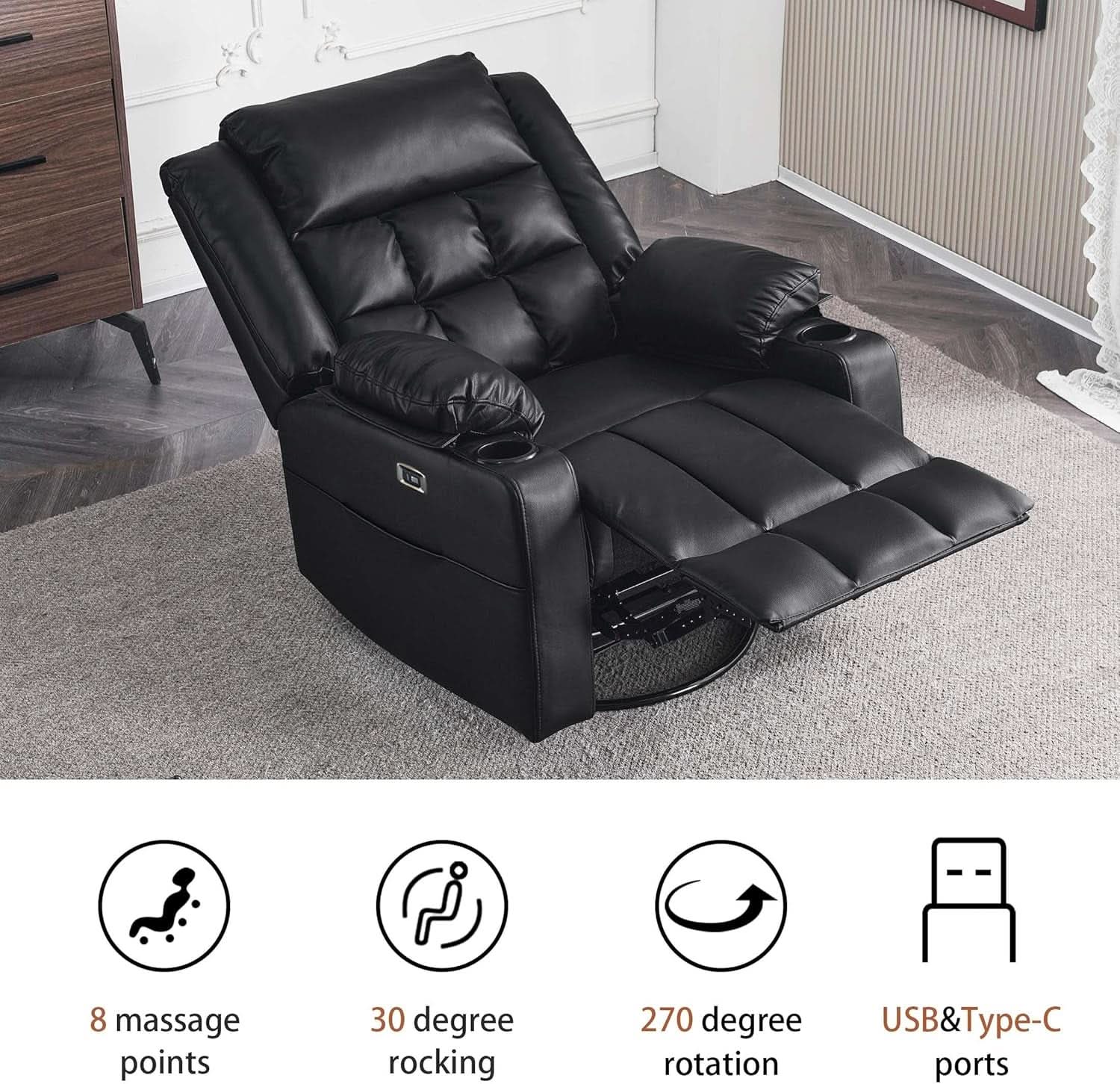 Power Swivel Rocker Recliner Chair With Massage And USB Ports Black