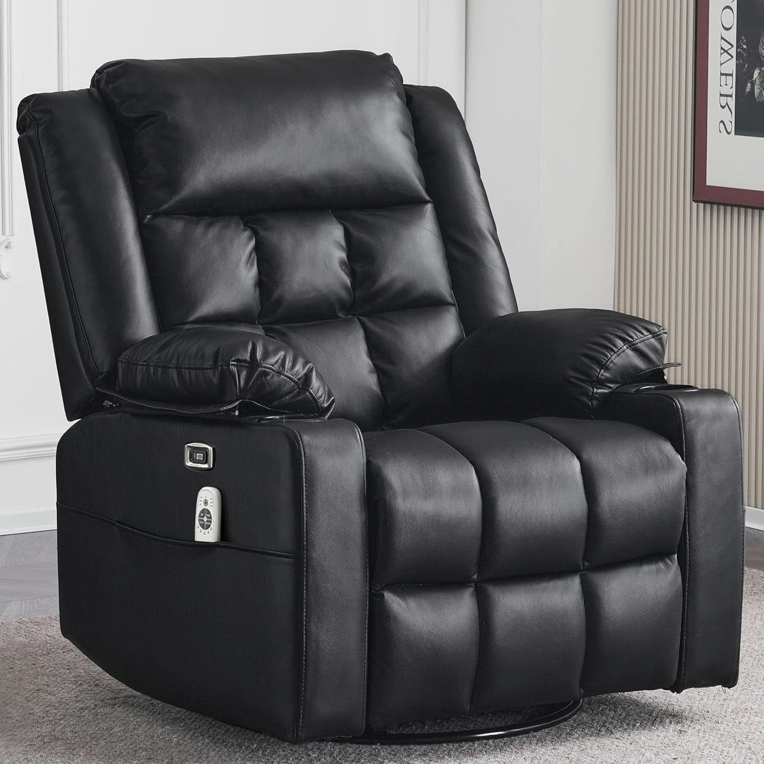 Power Swivel Rocker Recliner Chair With Massage And USB Ports Black