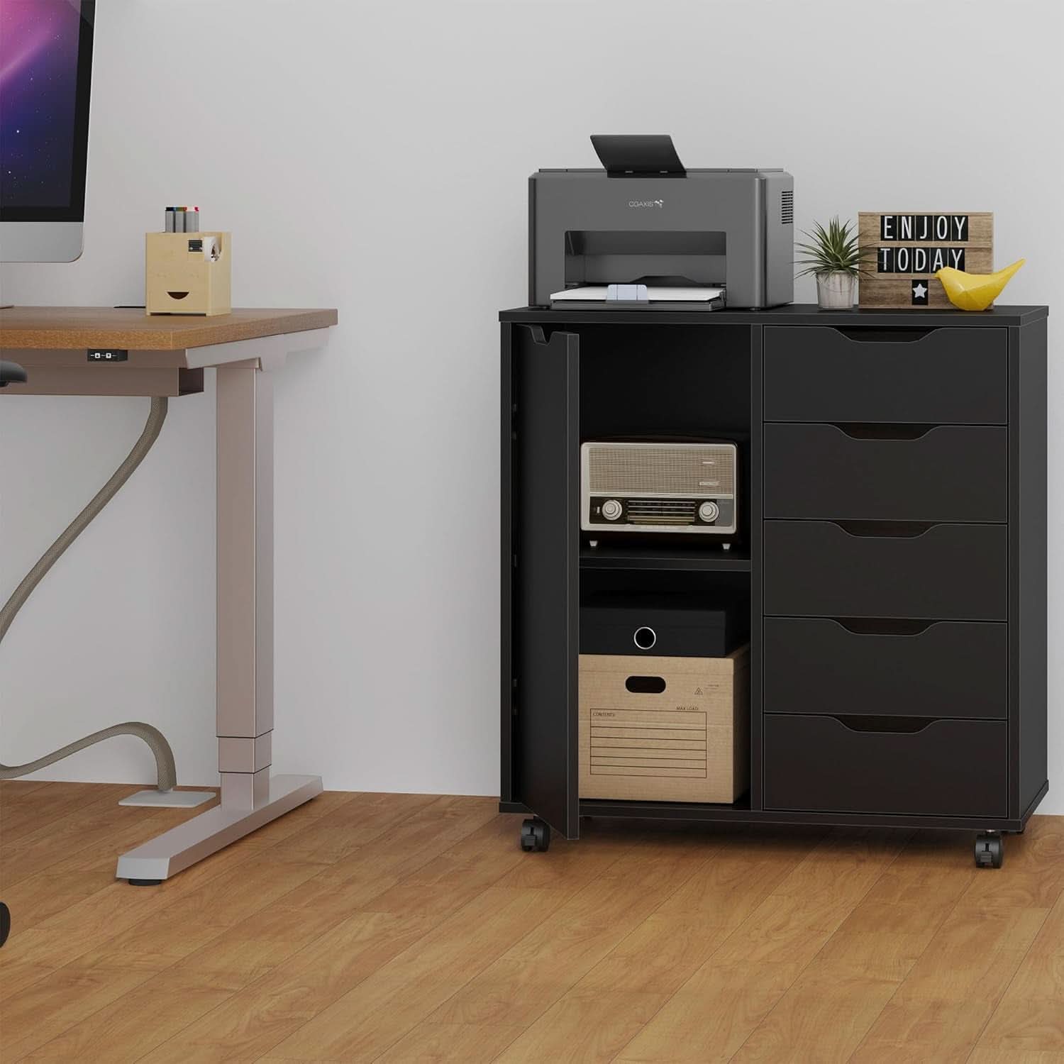 Premium SolidWood Black Five Drawer Interlocking Chest