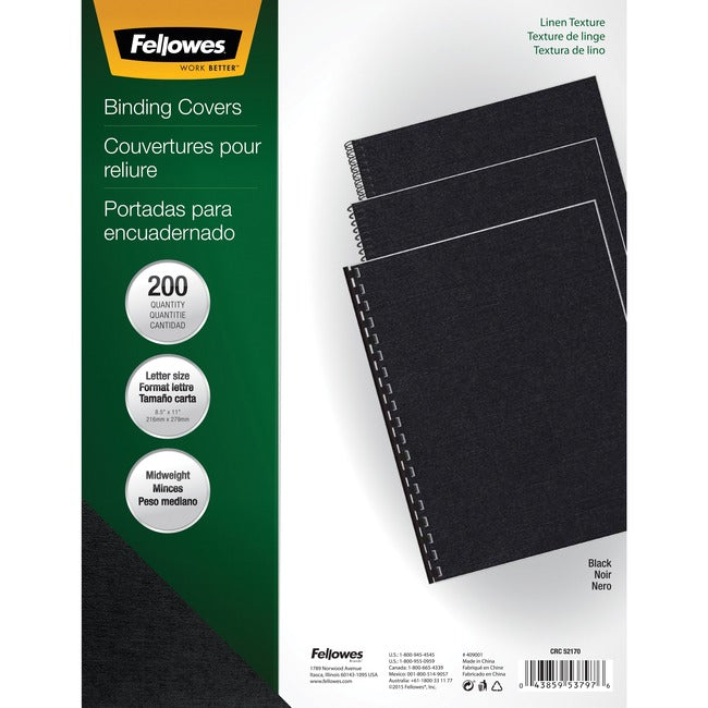 Presentation Covers Linen Textured - Letter Size Black 200 Pack | Fellowes 5217001