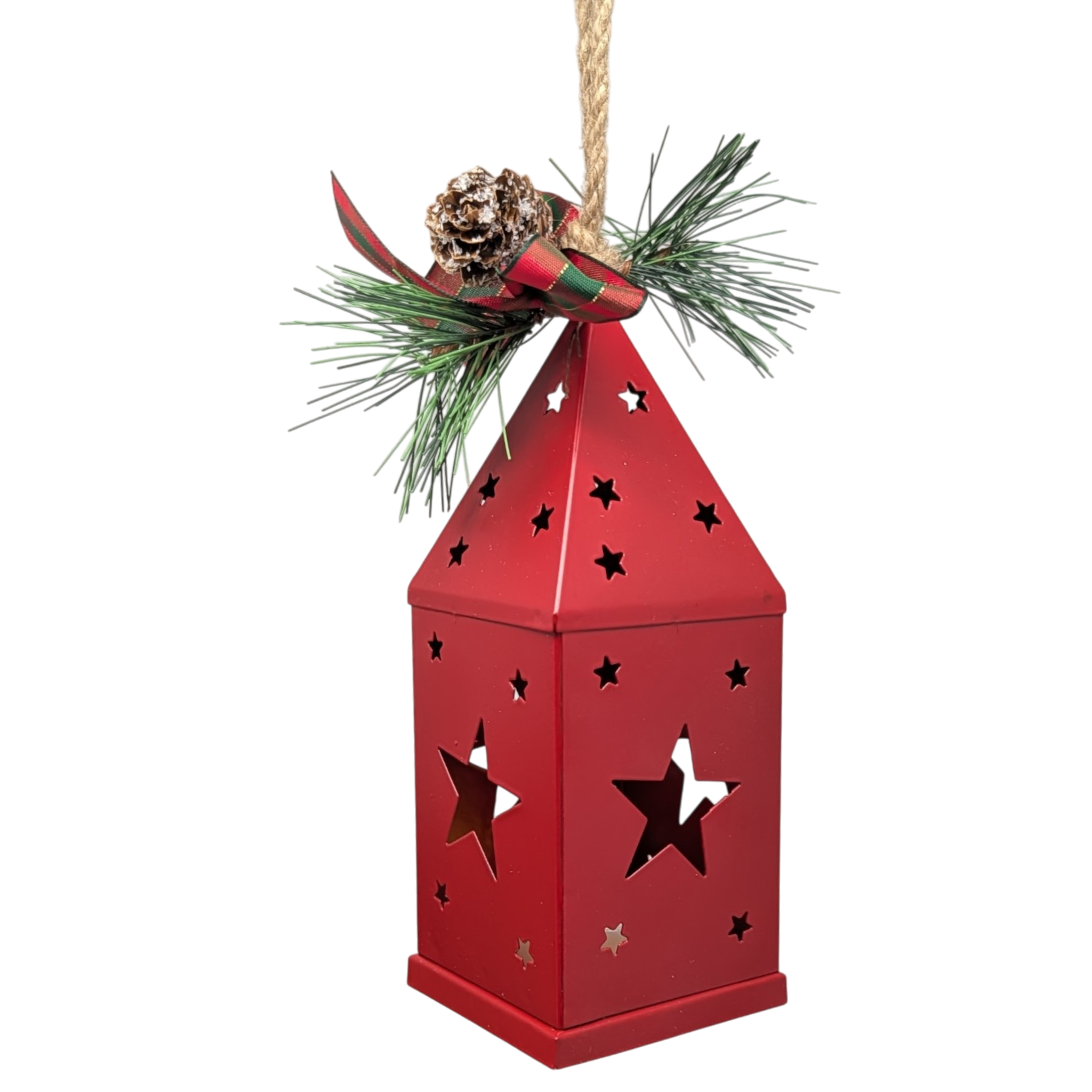 Punched-Tin Lighted Lantern - Red