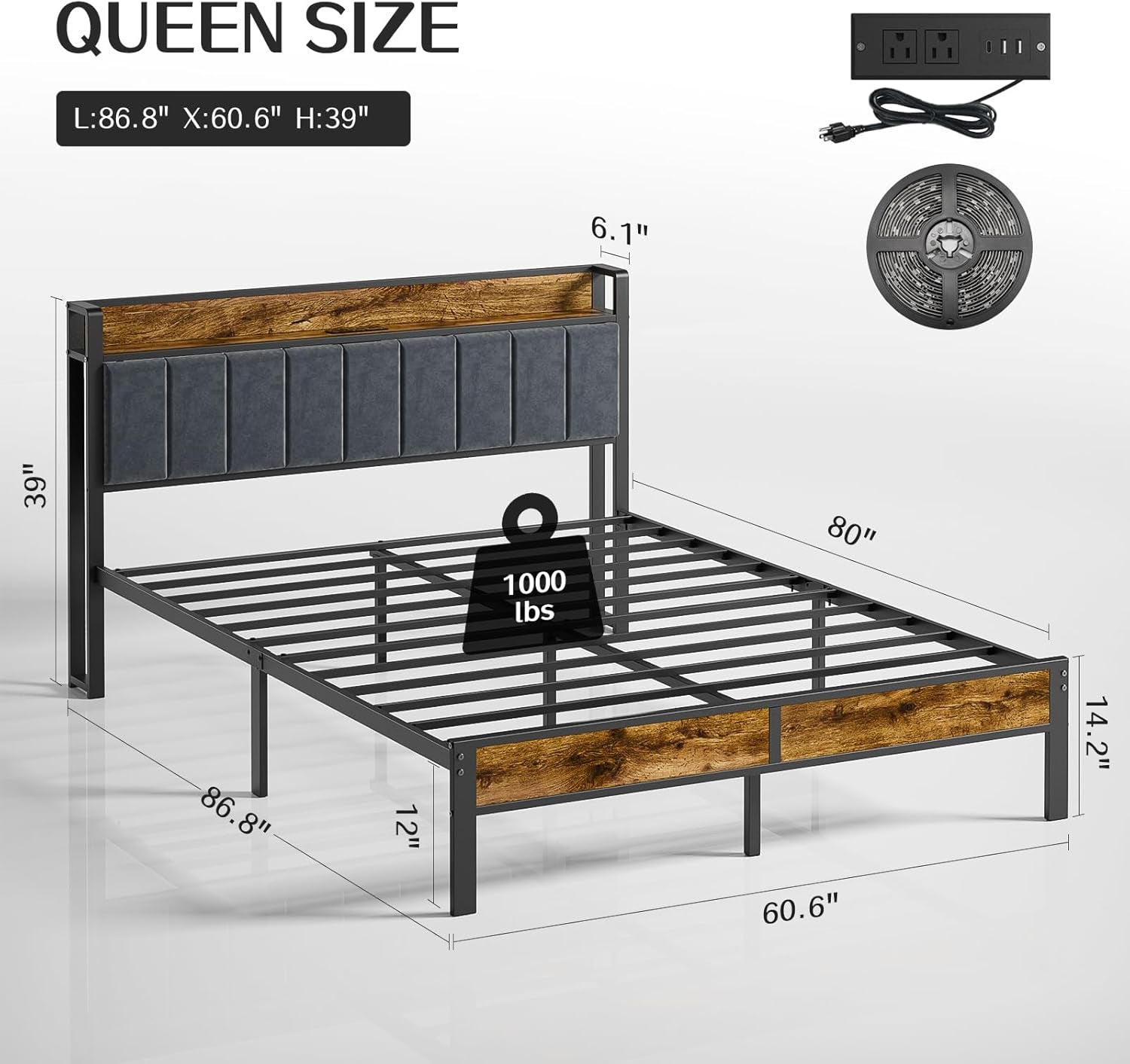 Queen Bed Frame With USB Charging And LED Illumination