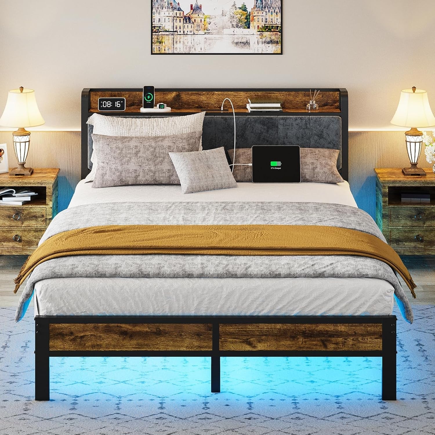 Queen Bed Frame With USB Charging And LED Illumination